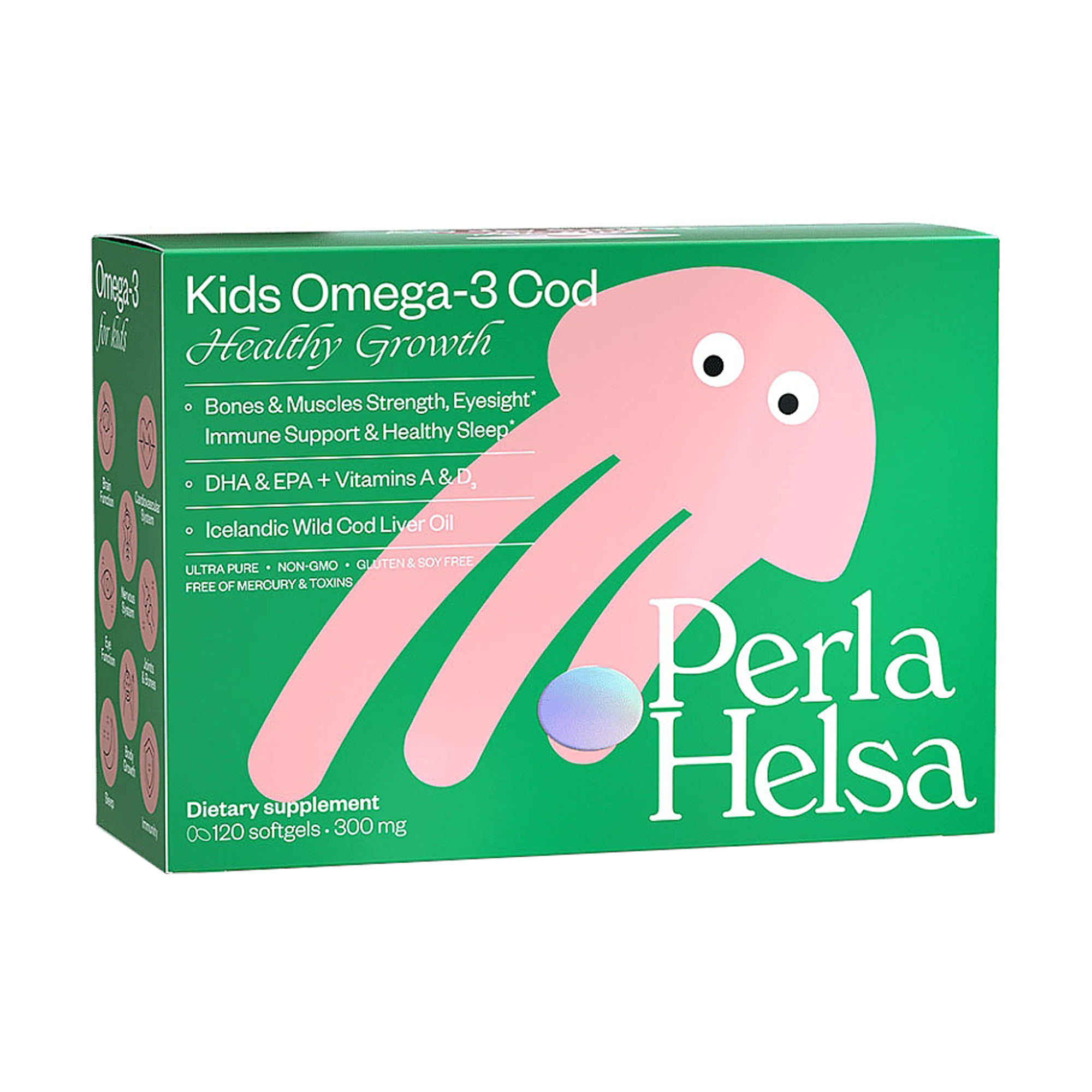 

Уцінка! Омега-3 з тріски з вітамінами А, D3 для дітей Perla Helsa Kids Omega-3 Cod Healthy Growth 300 мг, 120 капсул