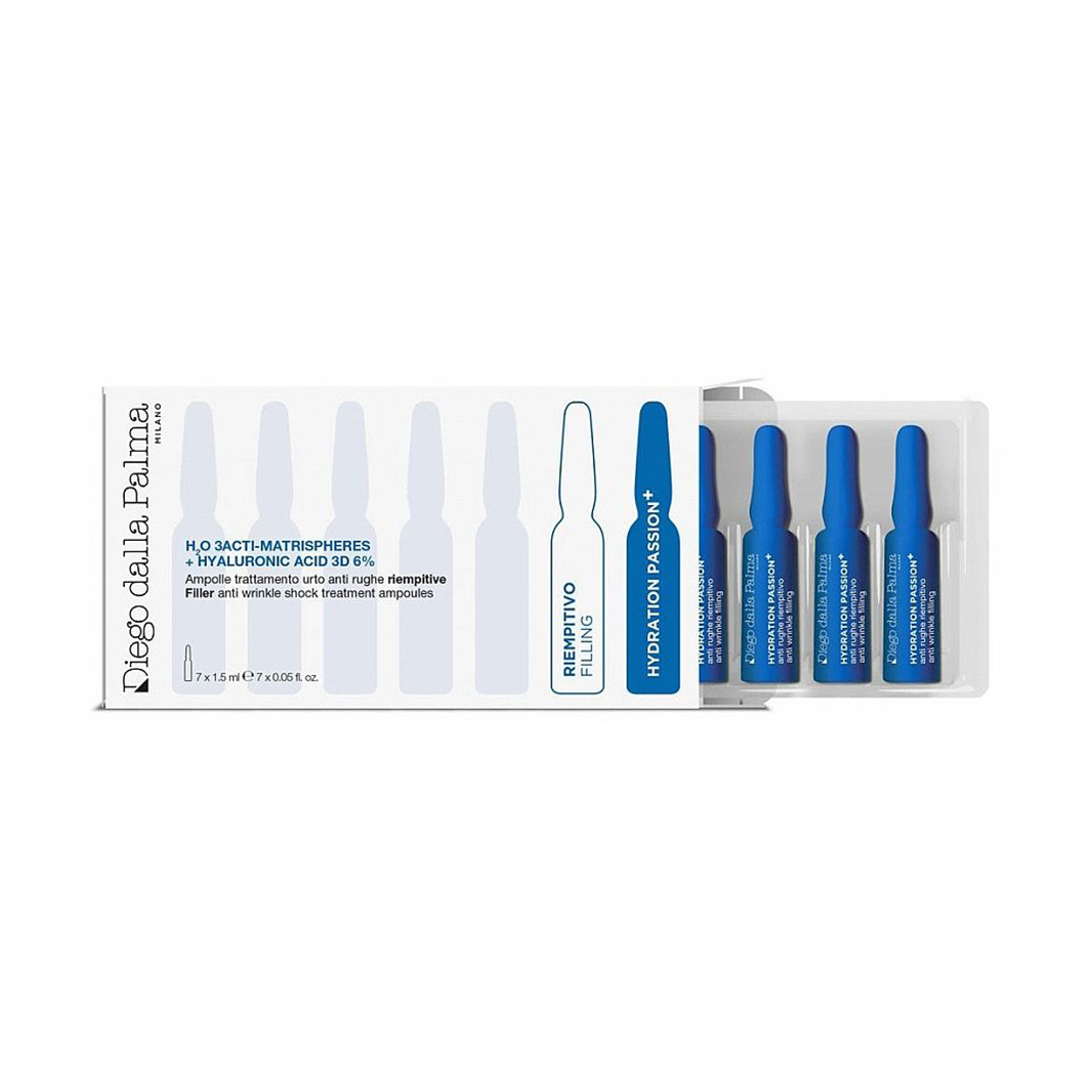 

Уцінка! Ампули для обличчя Diego Dalla Palma Hydration Passion+ Filler Anti Wrinkle Shock Treatment H2O 3Acti-matrispheres + Hyaluronic Acid 3D 6%, 7*1.5 мл