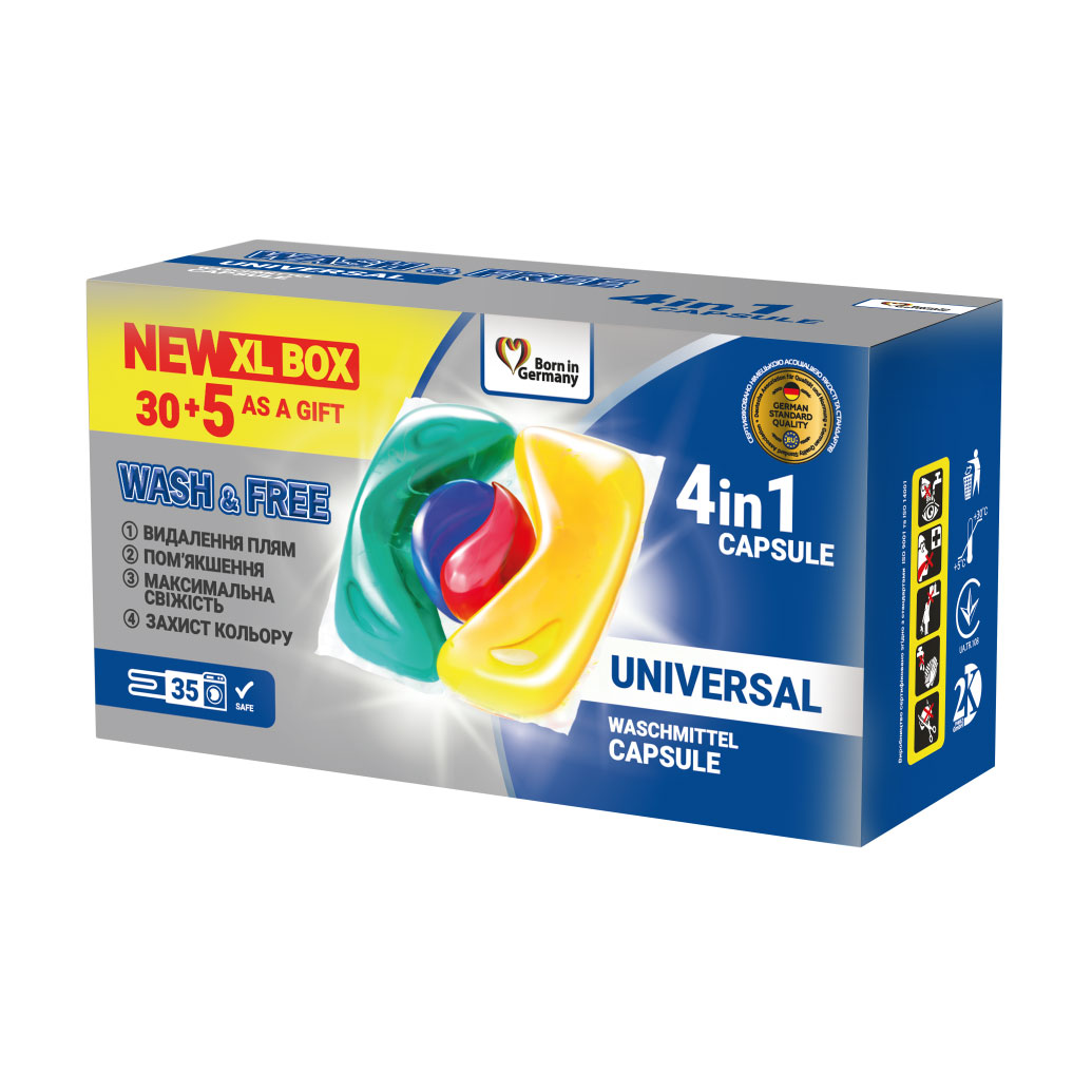

Уцінка! Капсули для прання Wash & Free Universal 4in1 Capsule 35 циклів прання, 35 шт (коробка)