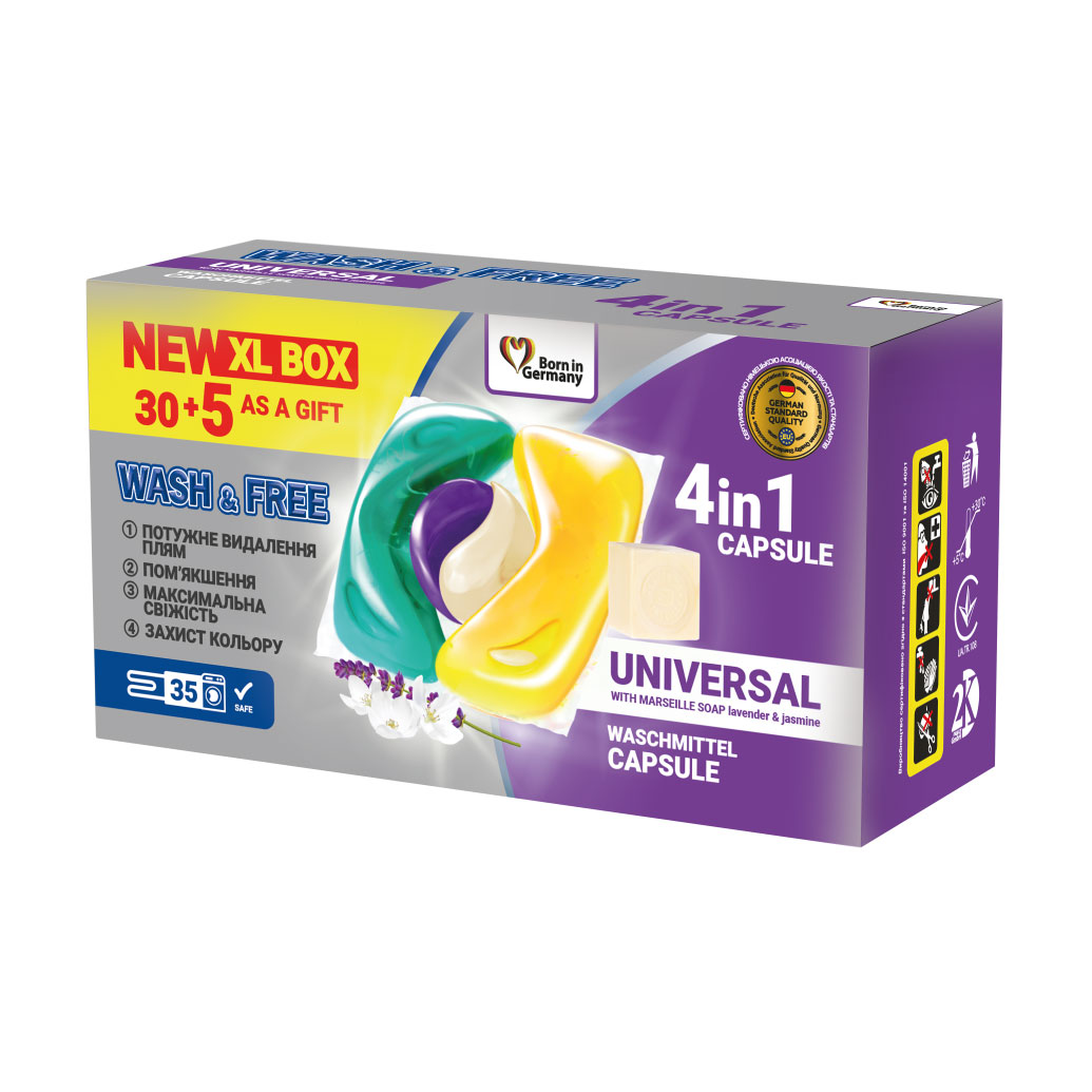 

Уцінка! Капсули для прання Wash & Free Universal 4in1 Capsule Жасмин та лаванда з марсельським милом, 35 циклів прання, 35 шт