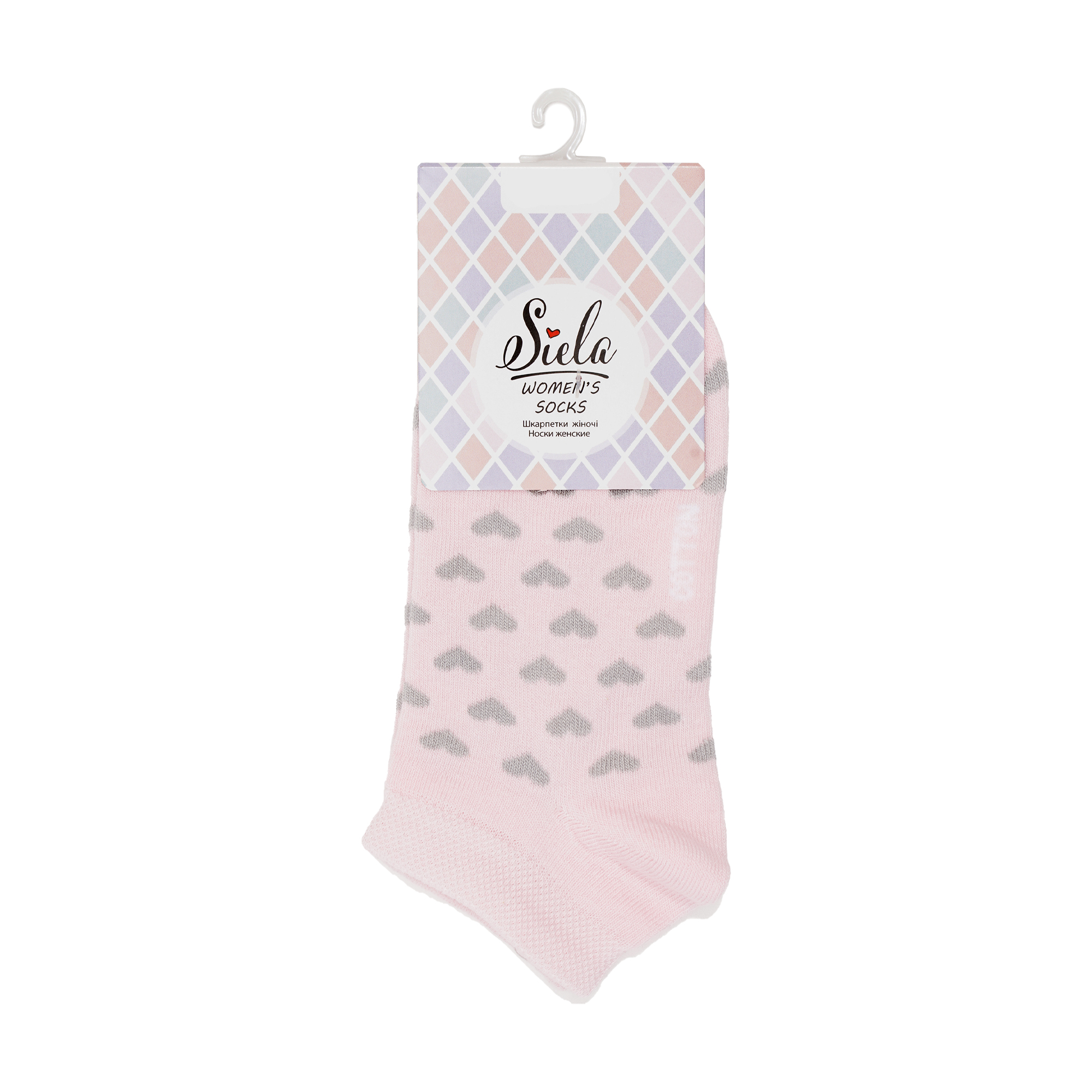 

Шкарпетки жіночі Siela RT1312-082 короткі, рожеві з сірими серцями, розмір 39-42