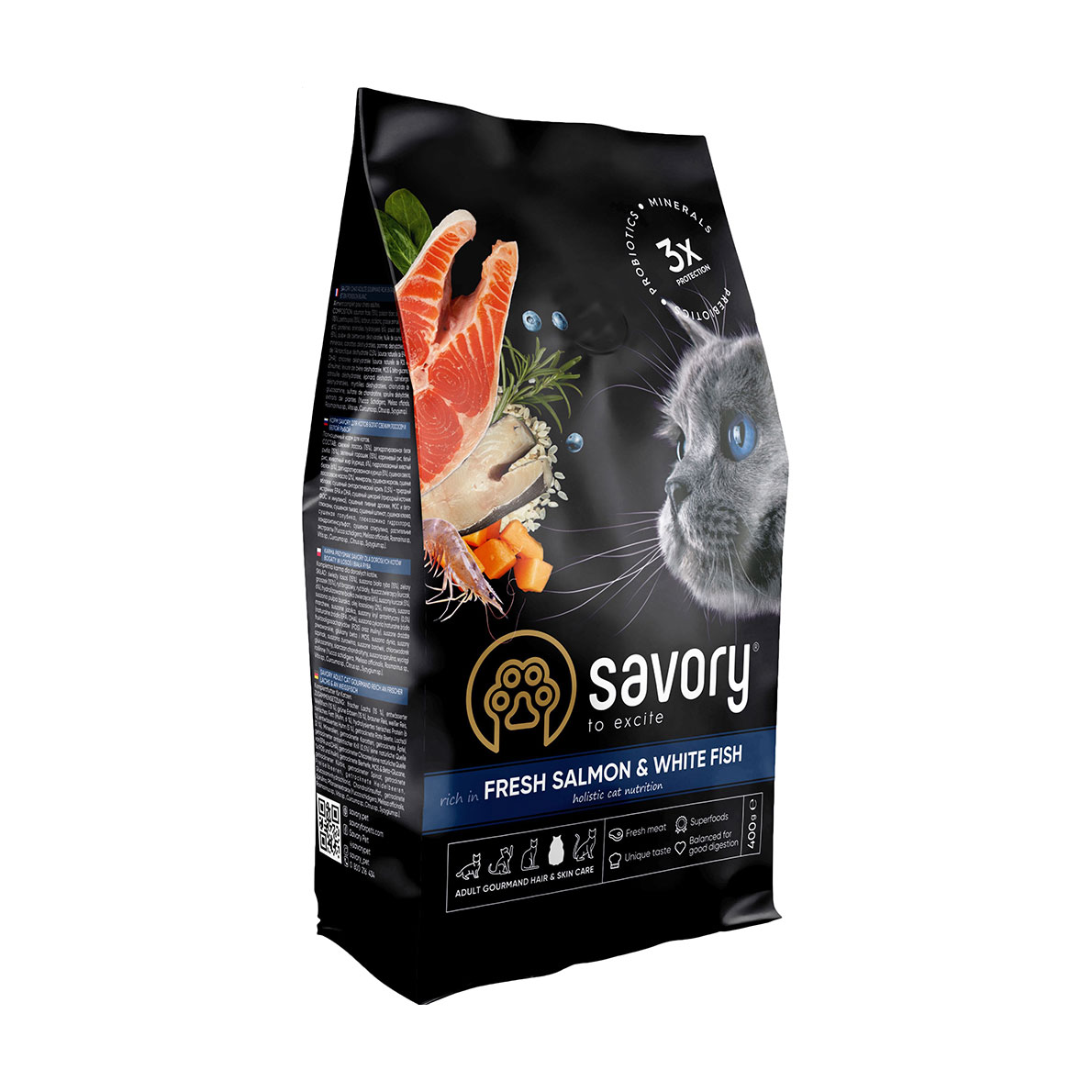 

Сухий корм для довгошерстих дорослих кішок Savory Adult Gourmand Fresh Salmon & White Fish з лососем та білою рибою, 400 г