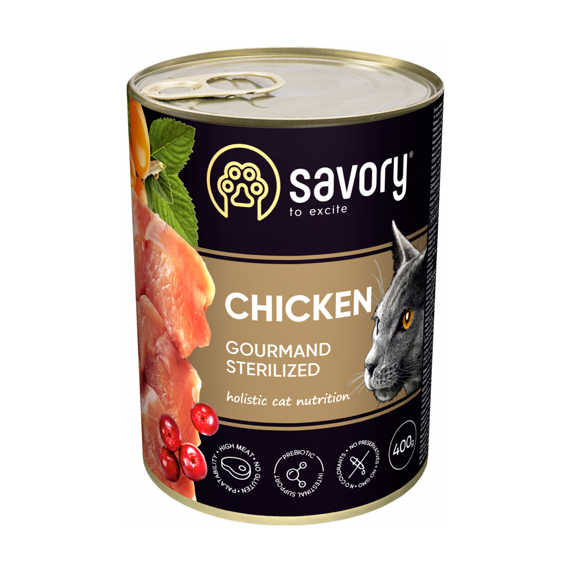 

Вологий корм для стерилізованих кішок Savory Cat Can Adult Sterilised з куркою, 400 г