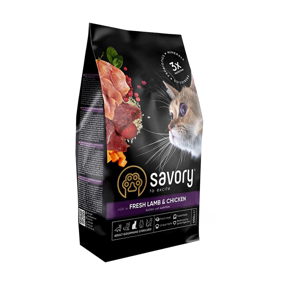 

Сухий корм для стерилізованих кішок Savory Adult Cat Steril Fresh Lamb & Chicken зі свіжим м'ясом ягня та курки, 400 г