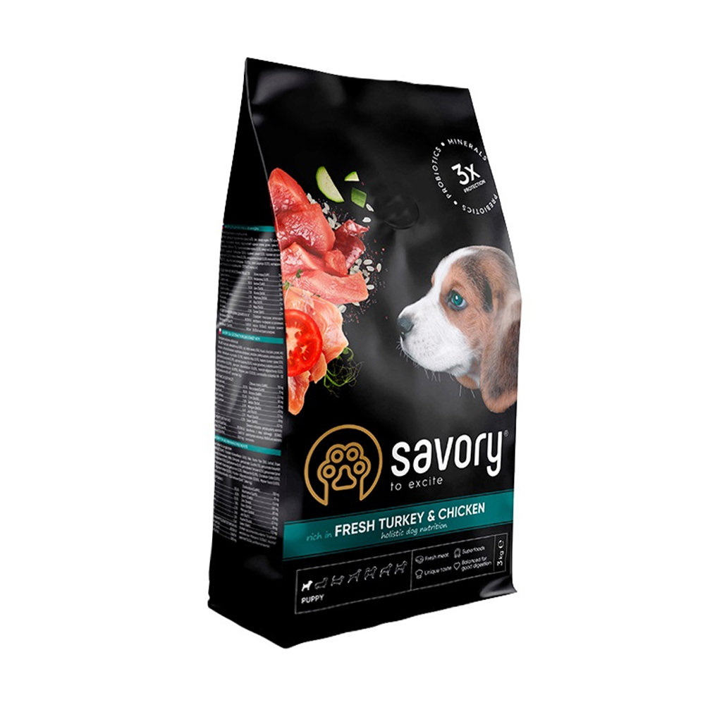 

Уцінка! Сухий корм для цуценят Savory Puppy Fresh Turkey & Chicken з свіжим м'ясом індички та курки, 3 кг