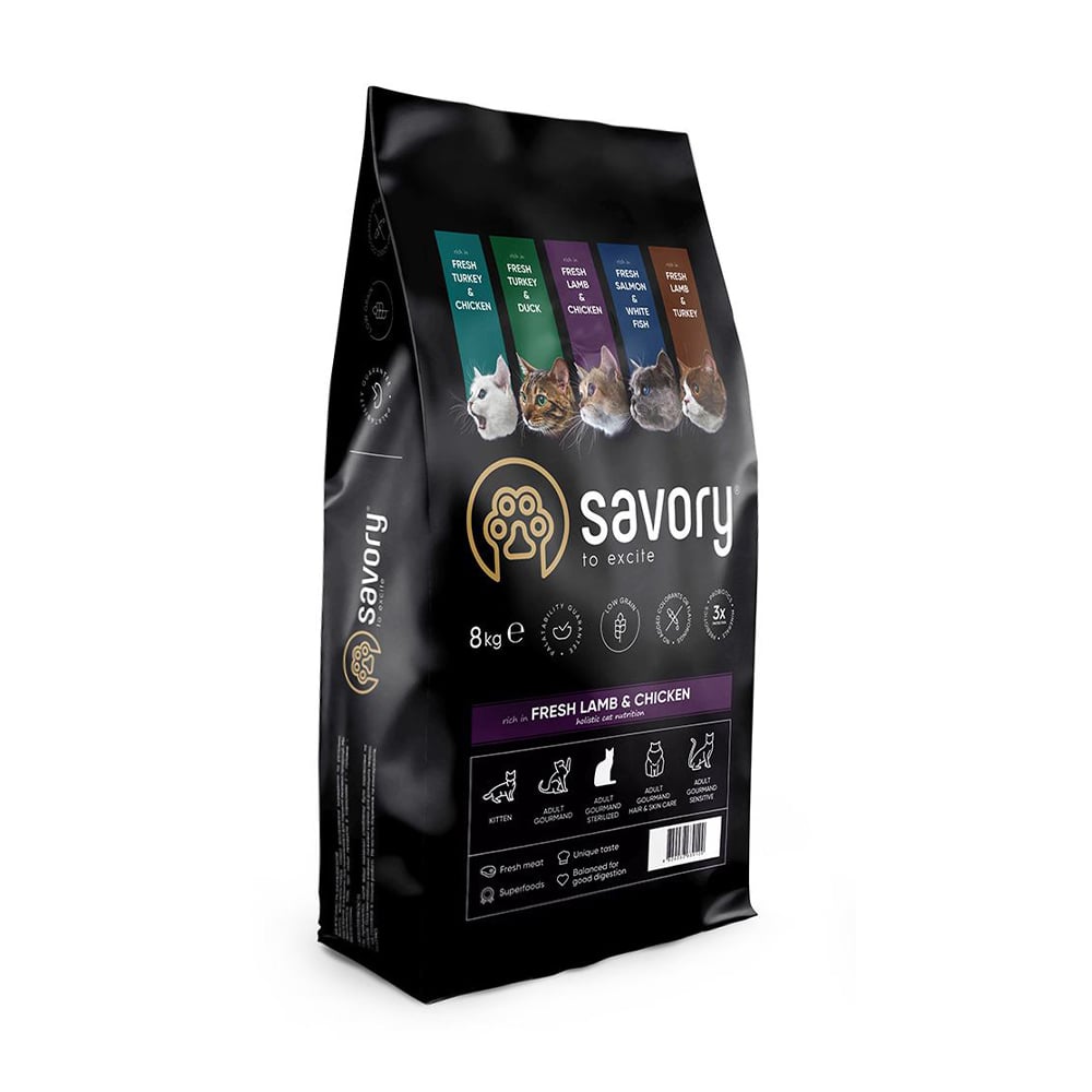 

Сухий корм для стерилізованих кішок Savory Adult Cat Steril Fresh Lamb & Chicken з свіжим м'ясом ягня та курки, 8 кг