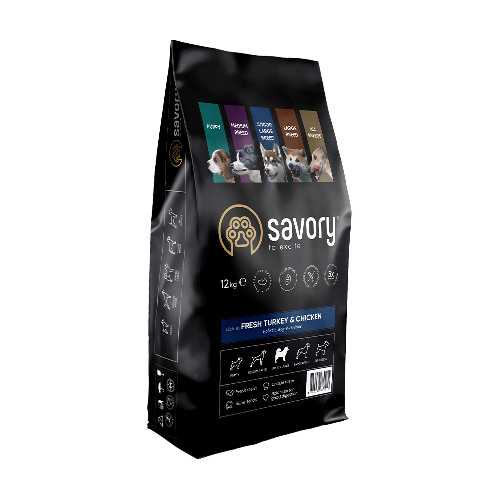 

Уцінка! Сухий корм для цуценят великих порід Savory Junior Large Fresh Turkey & Chicken з свіжим м`ясом індички та курки, 12 кг