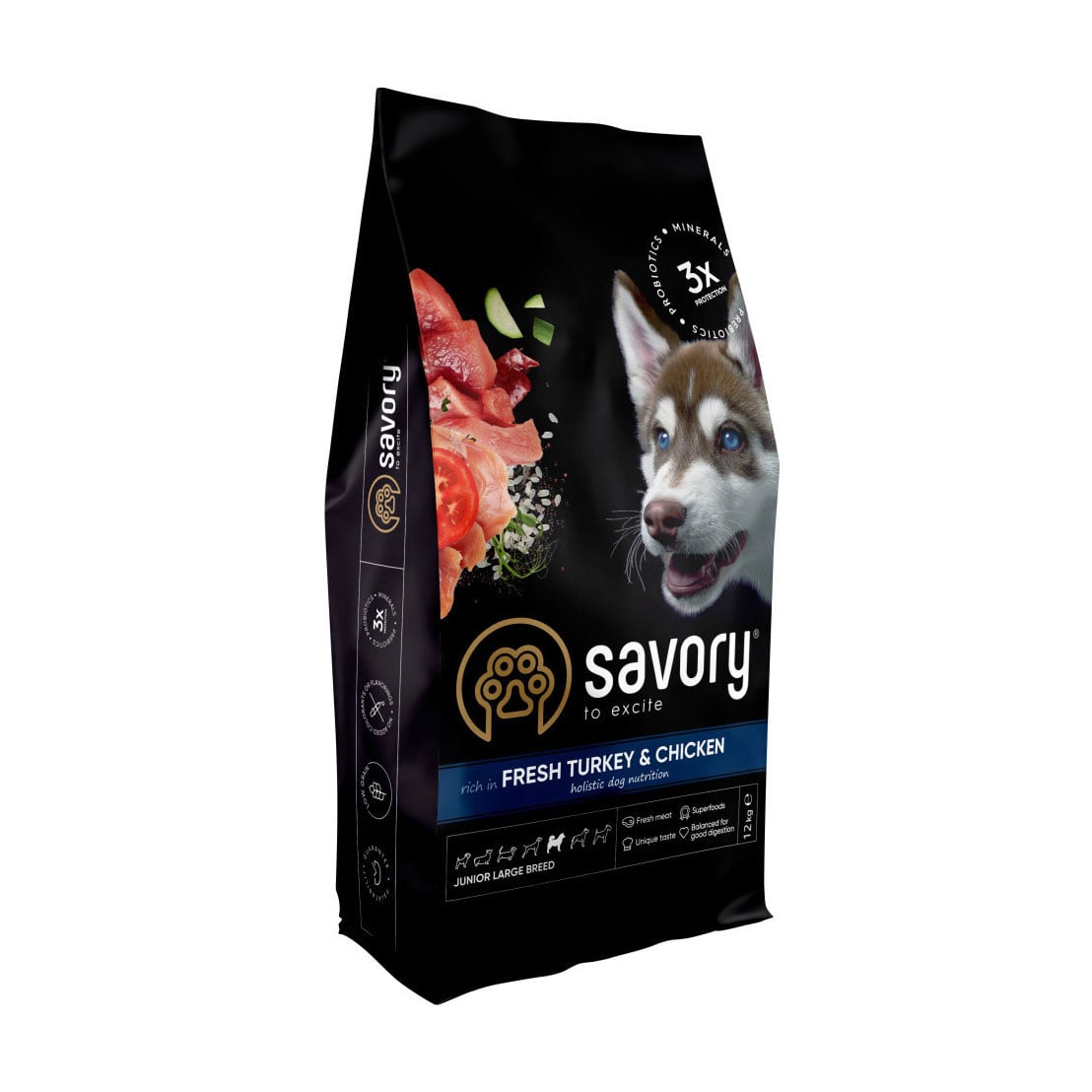 

Сухий корм для цуценят великих порід Savory Junior Large Fresh Turkey & Chicken з свіжим м'ясом індички та курки, 12 кг