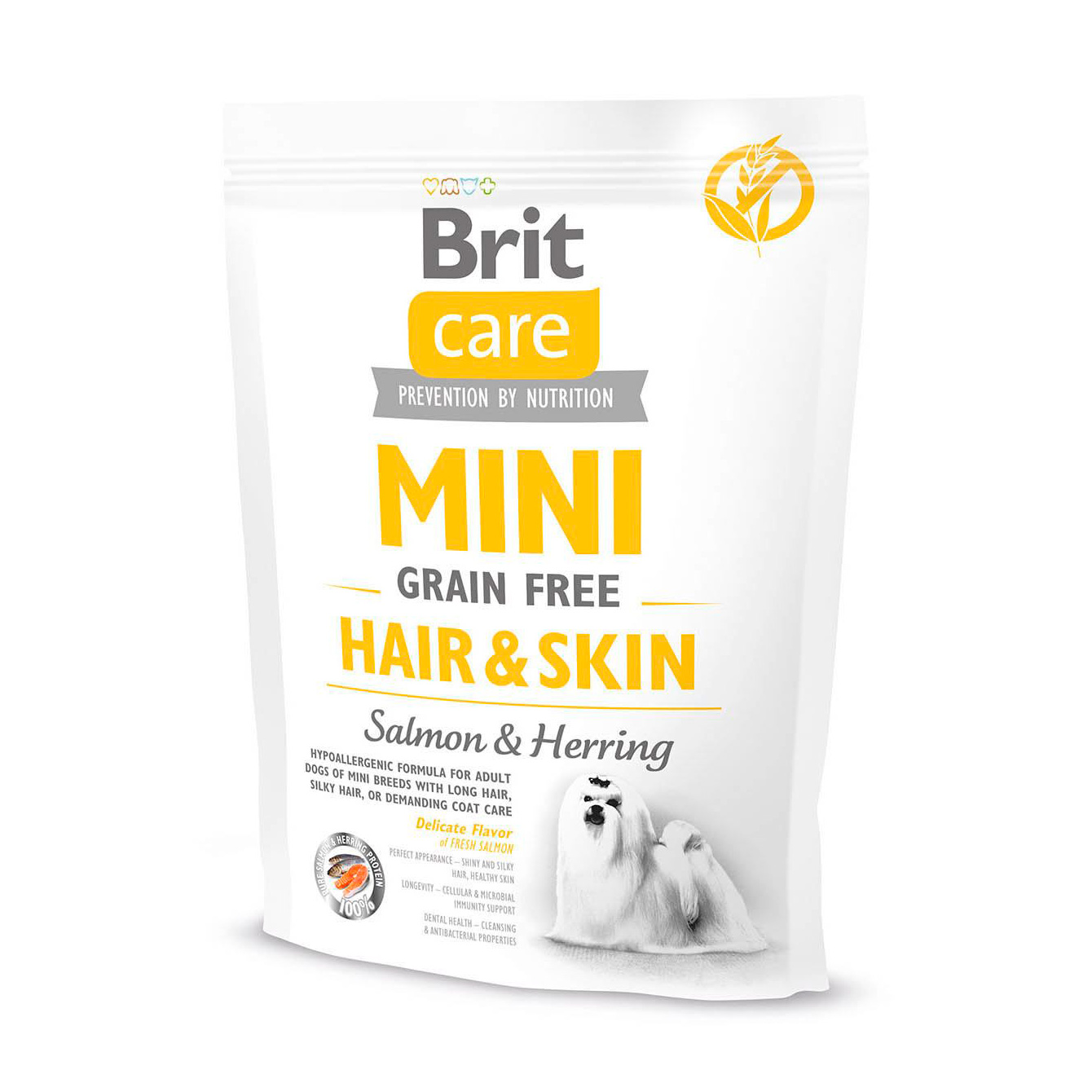 

Сухий корм для собак мініатюрних порід Brit Care Mini Hair & Skin для додаткового догляду за шерстю, 400 г