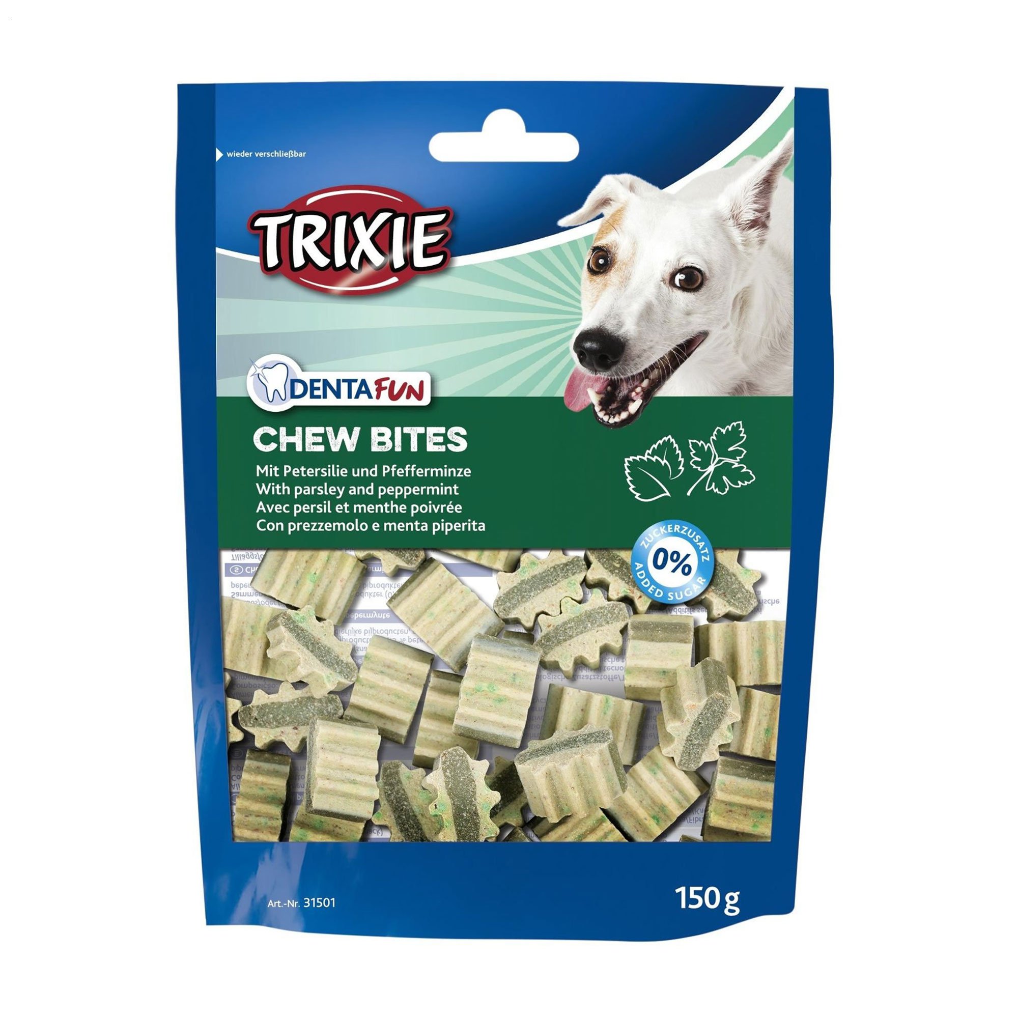 

Ласощі для собак Trixie Denta Fun Chew Bites з петрушкою та м'ятою, 150 г