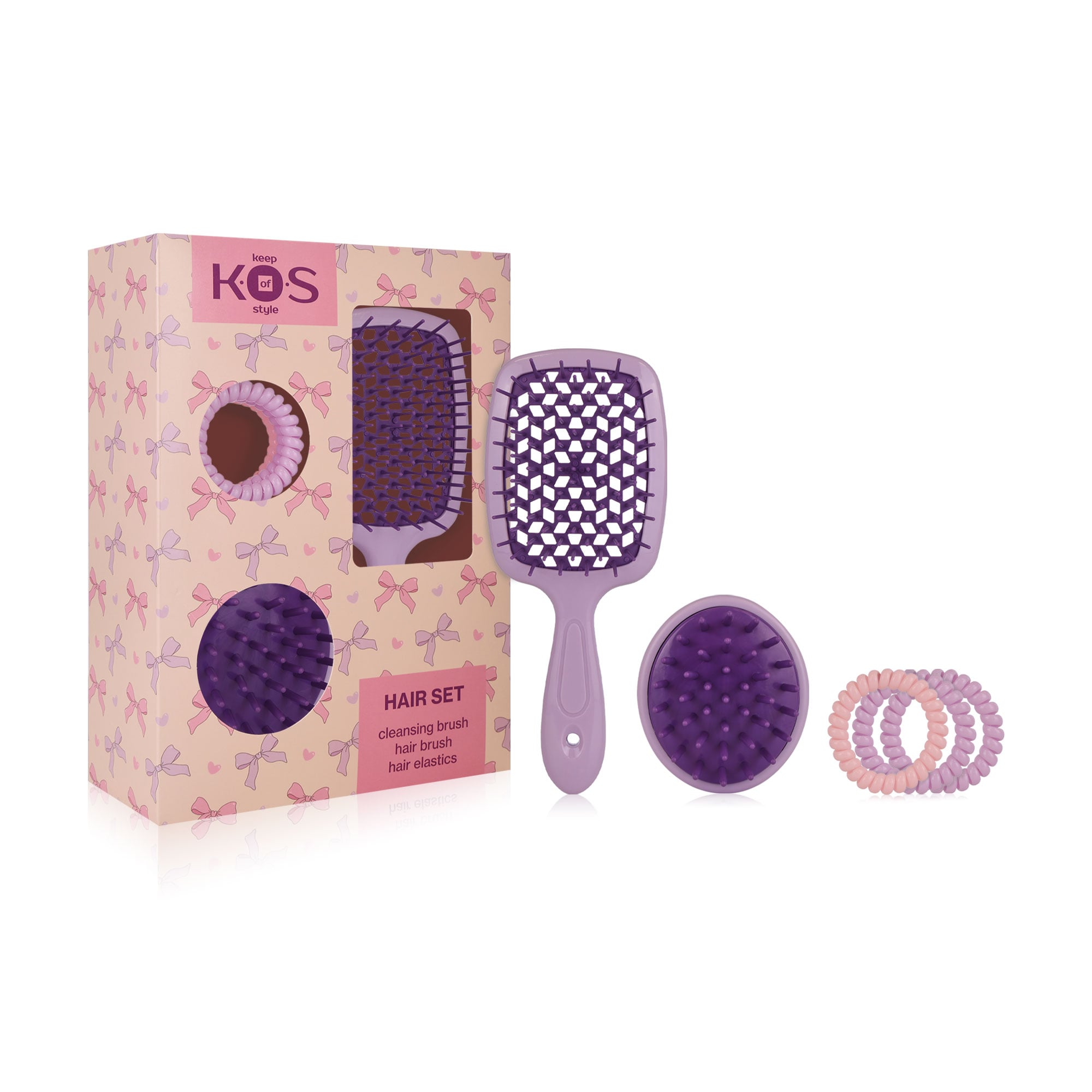 

Набір для волосся K.O.S Keep Of Style (масажна щітка для волосся, 1 шт + щітка для миття голови, 1 шт + резинки для волосся, 3 шт)