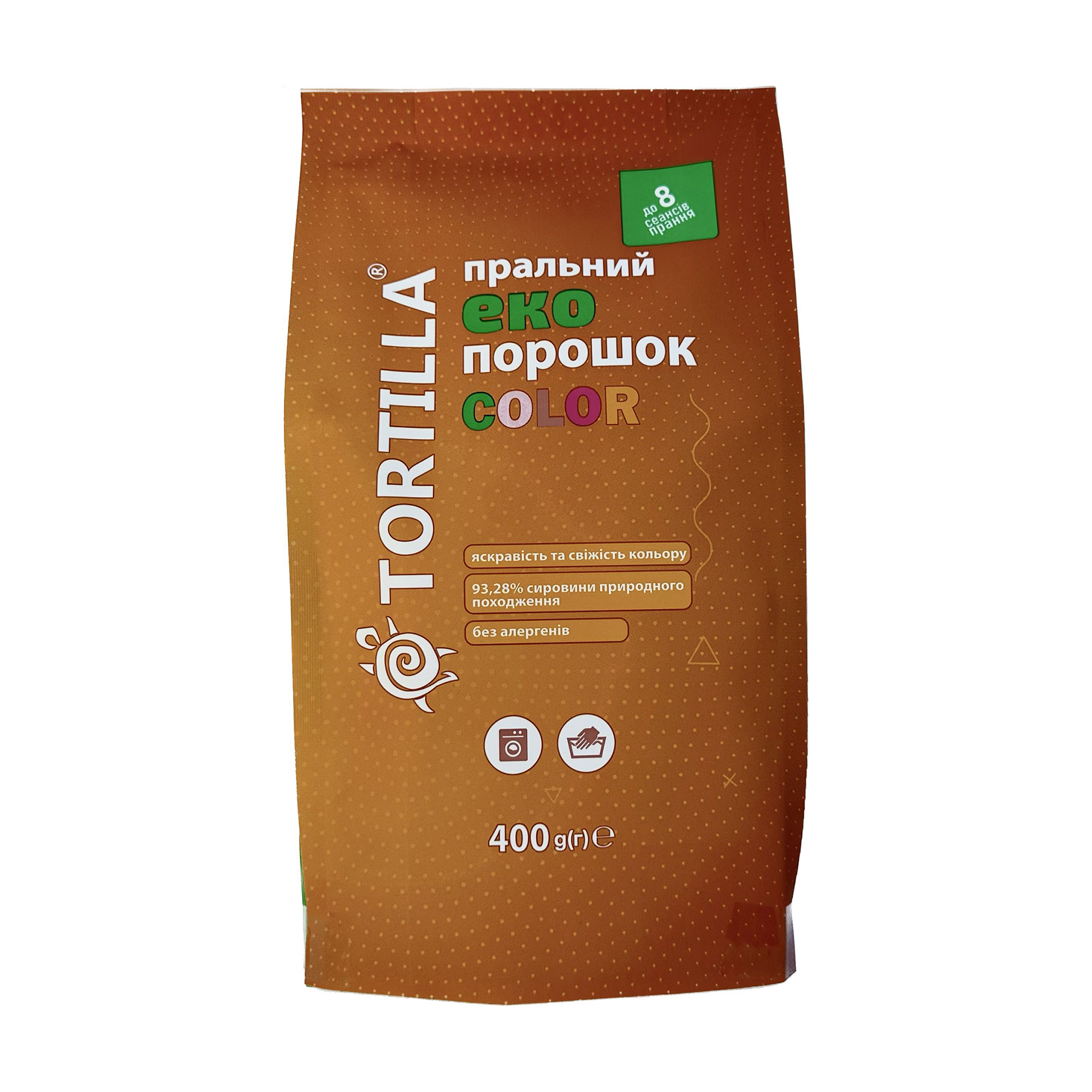 

Пральний порошок Tortilla Eko для кольорових речей, автомат, 8 циклів прання, 400 г