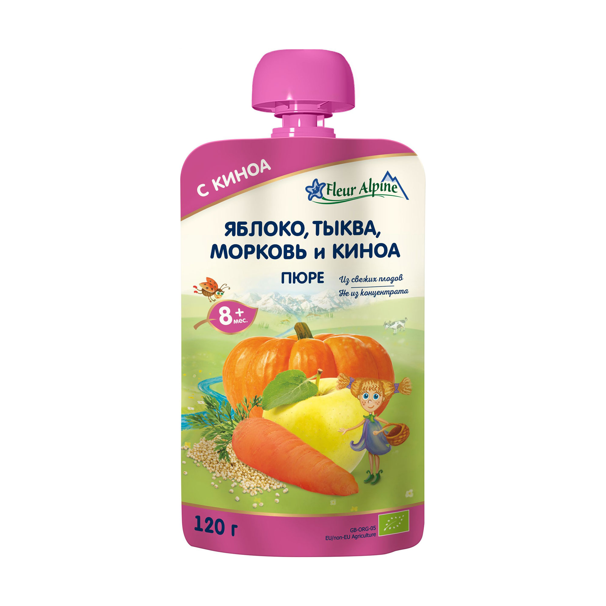 

Дитяче фруктово-овочеве пюре Fleur Alpine Organic Яблуко, гарбуз, морква та кіноа, від 8 місяців, 120 г