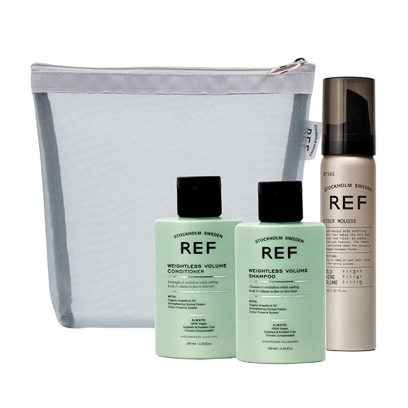 

Уцінка! Набір мініатюр для об'єму волосся REF Trevel Mesh Bag Volume (шампунь, 100 мл + кондиціонер, 100 мл + мус, 75 мл + сумка)