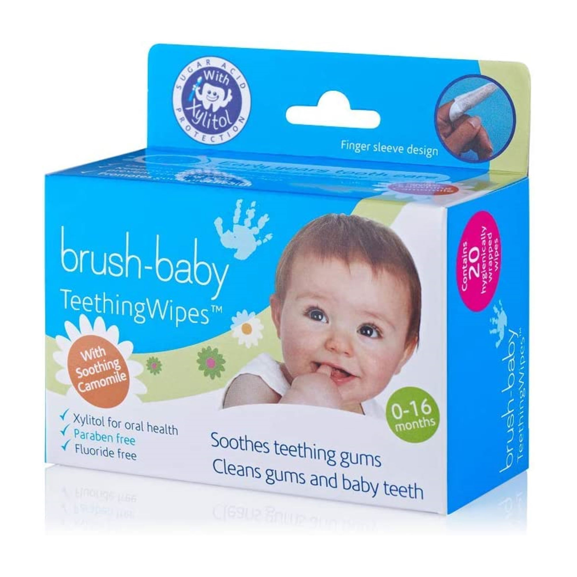 

Дитячі серветки для ротової порожнини Brush-Baby Teething Wipes 0-16 місяців, з ксилітом та ромашкою, 20 шт