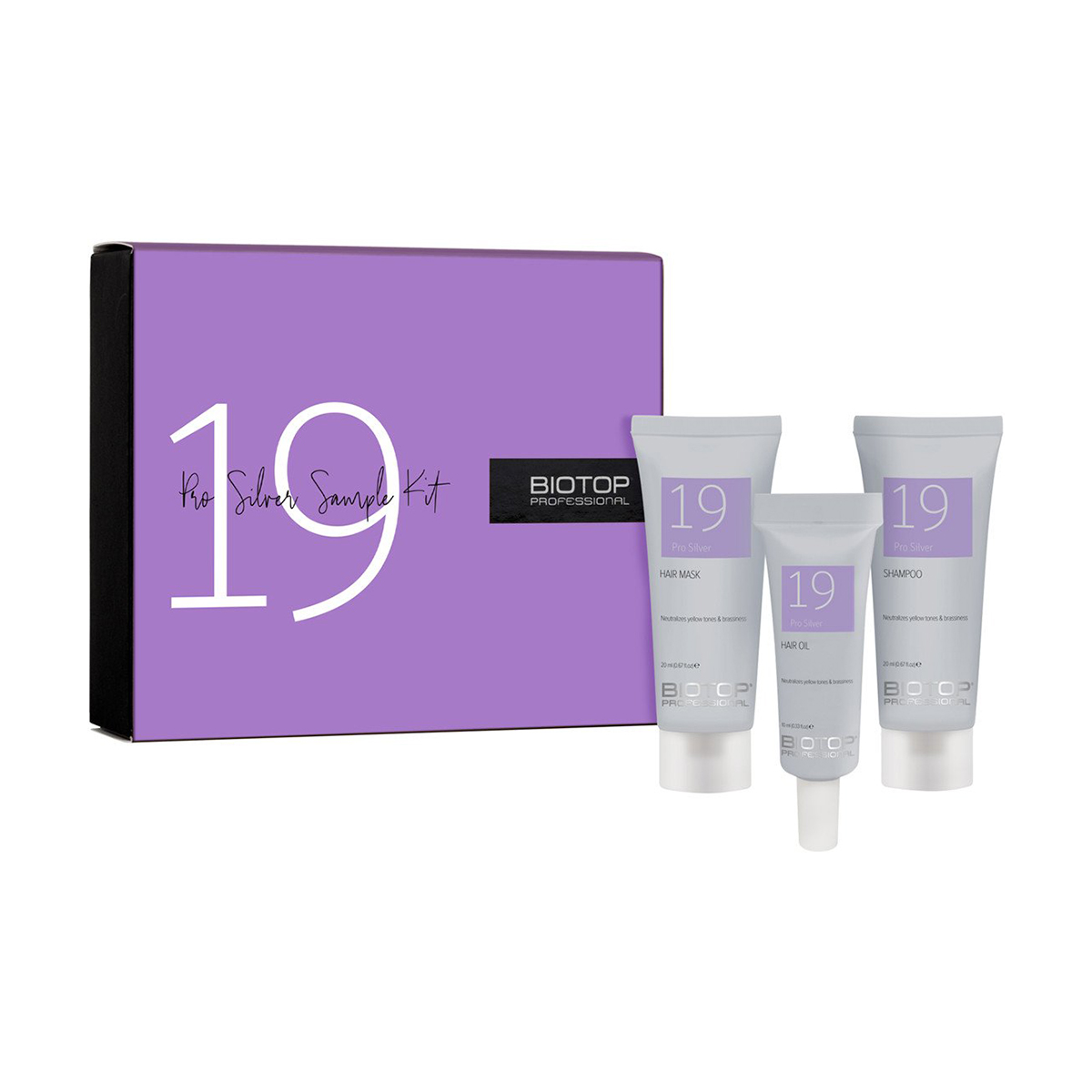 

Набір для волосся Biotop Professional 19 Pro Silver Sample Kit (шампунь, 20 мл + маска, 20 мл + олія, 10 мл)