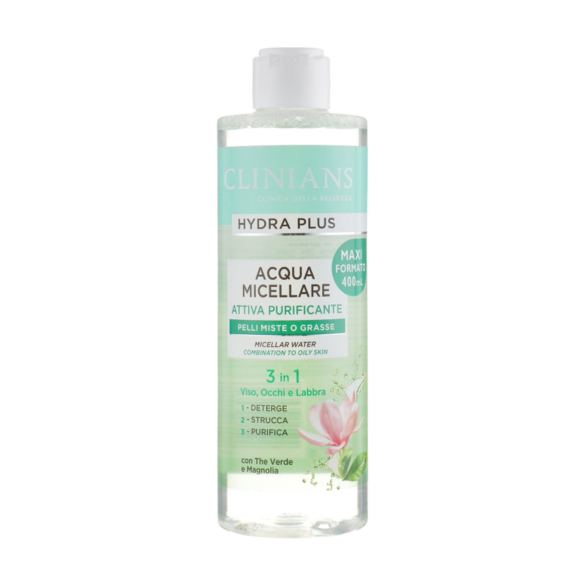 

Міцелярна вода 3 в 1 для комбінованої та жирної шкіри обличчя Clinians Hydra Plus Acqua Micellare з зеленим чаєм та магнолією, 400 мл