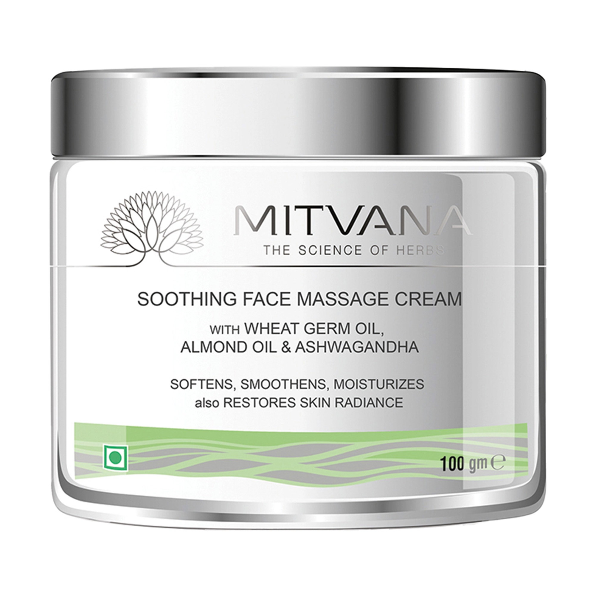 

Заспокійливий масажний крем для обличчя Mitvana Soothing Face Massage Cream with Wheat, Almond & Ashwagandha, 100 г