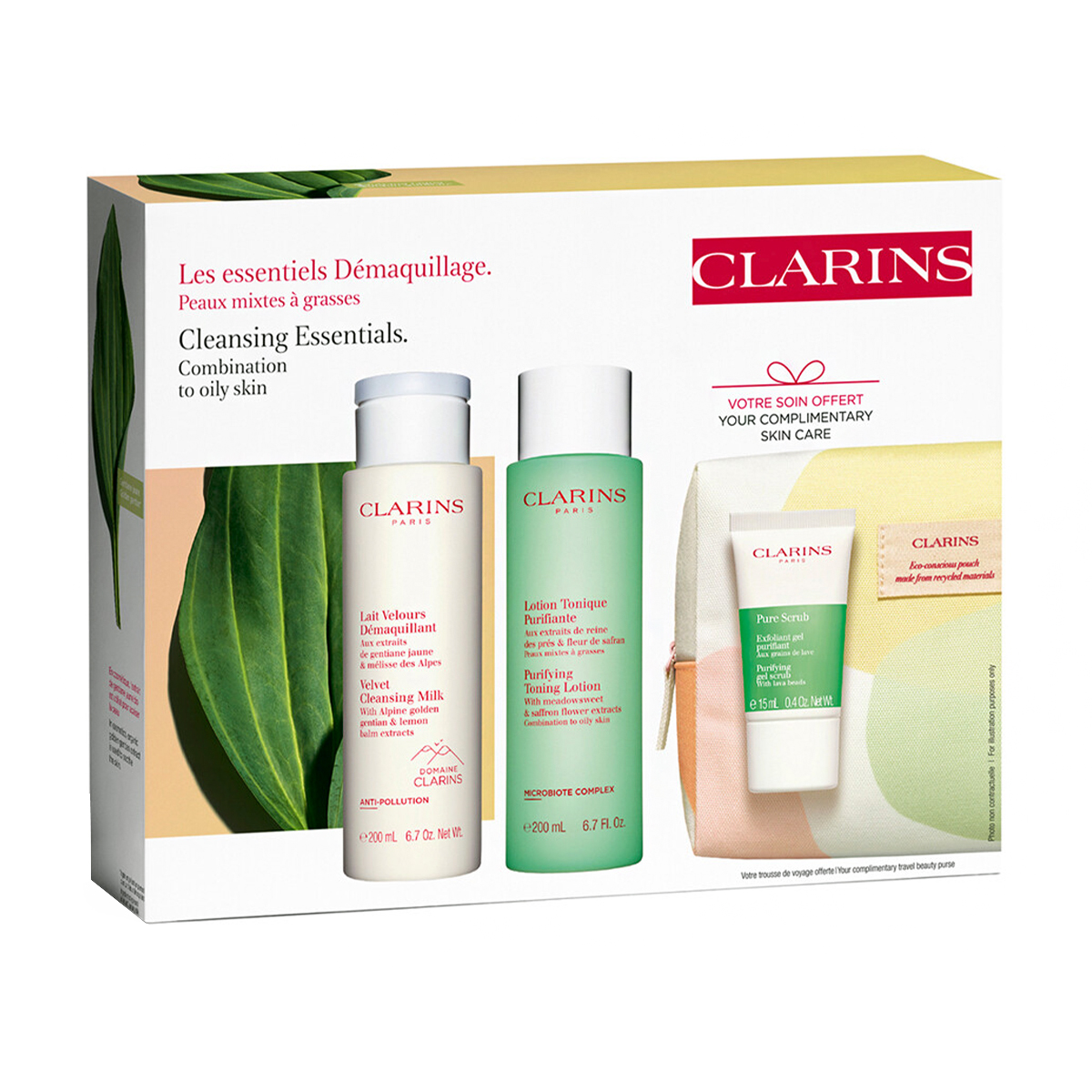

Набір для обличчя Clarins Cleansing Bag Combination (очищувальне молочко, 200 мл + тонізувальний лосьйон, 200 мл + скраб, 15 мл + косметичка, 1 шт)