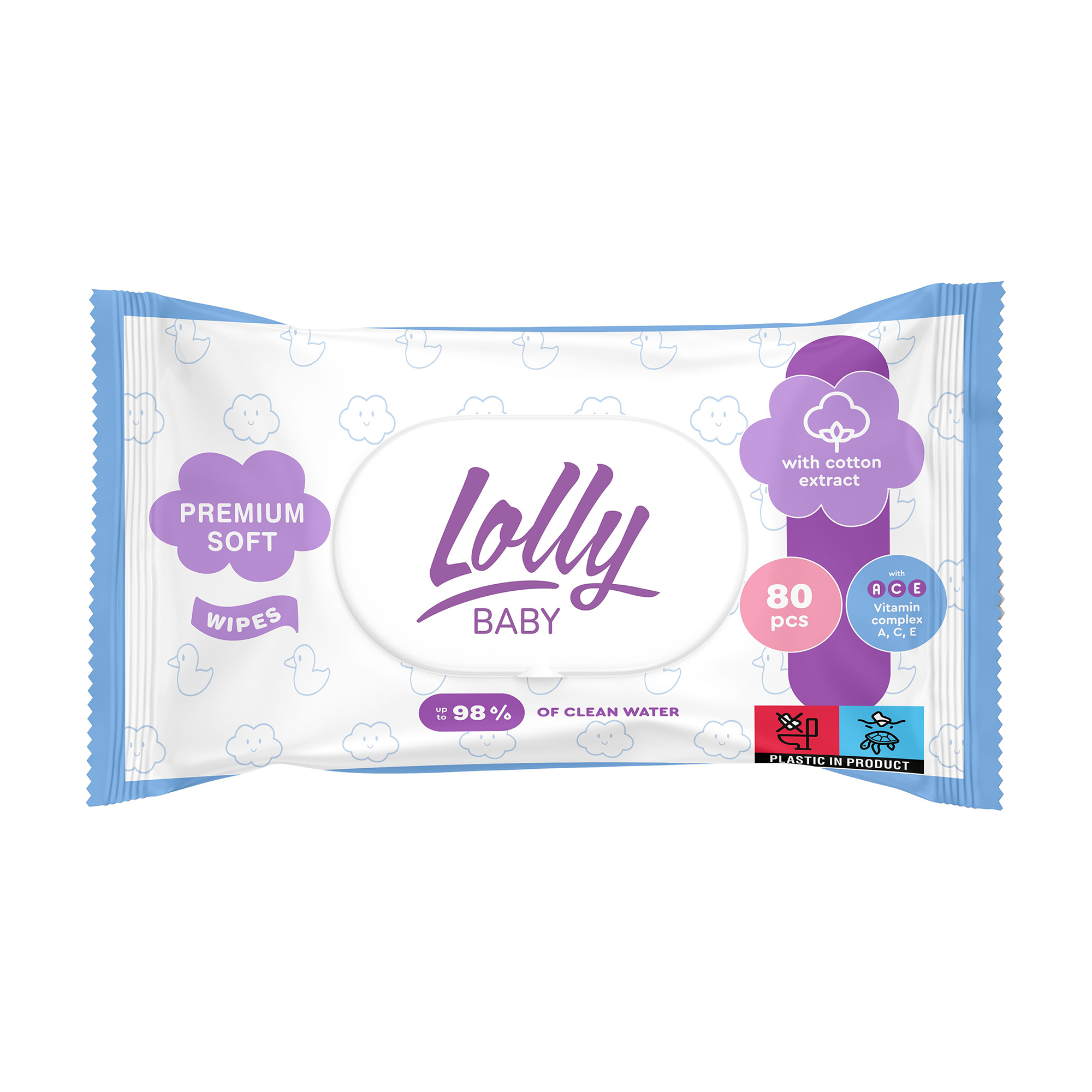 

Дитячі вологі серветки Lolly Premium Soft з перших днів життя, з клапаном, 80 шт