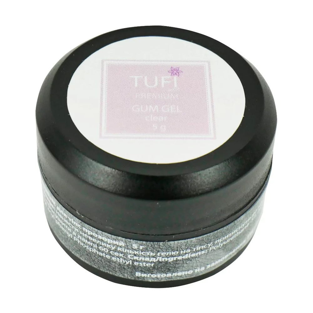 

Гум-гель для нарощування нігтів на тіпси Tufi Profi Premium Gum Gel, Clear, 5 г