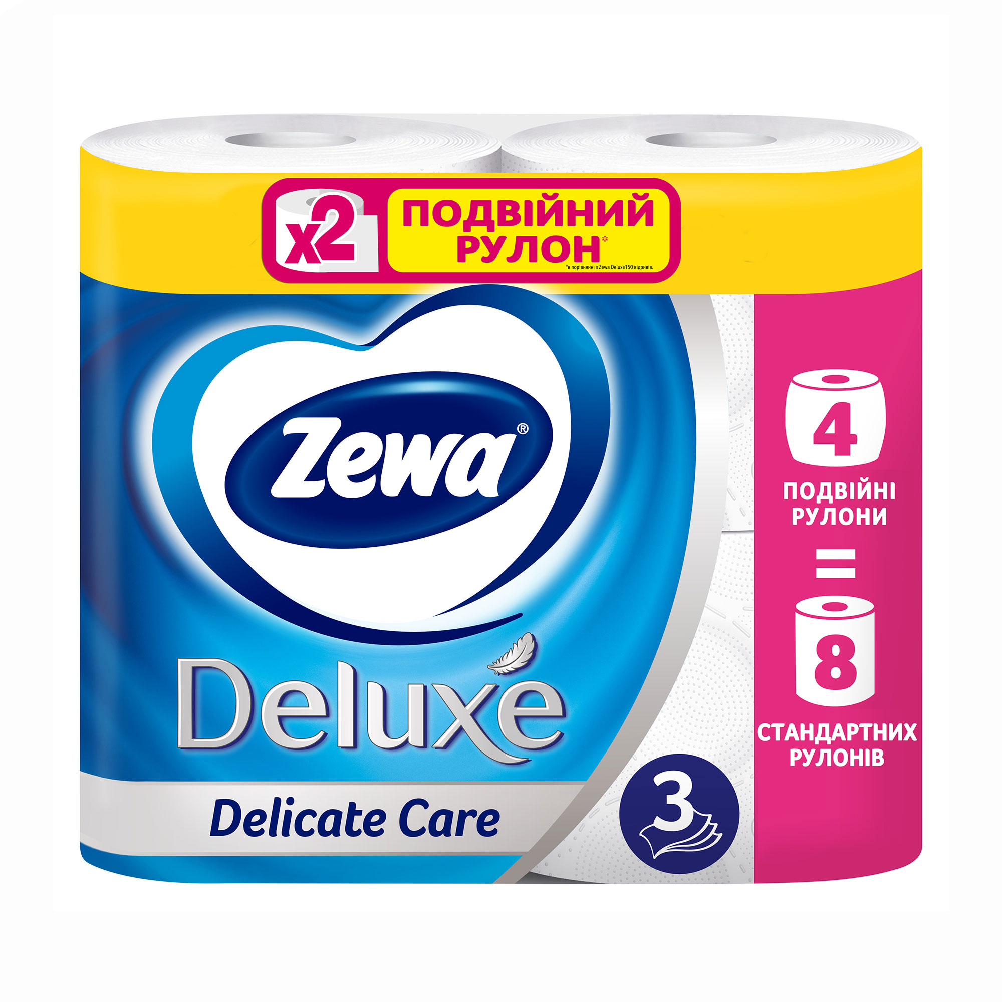 

Уцінка! Туалетний папір Zewa Deluxe Delicate Care білий, 3-шаровий, 300 відривів, 4 рулони
