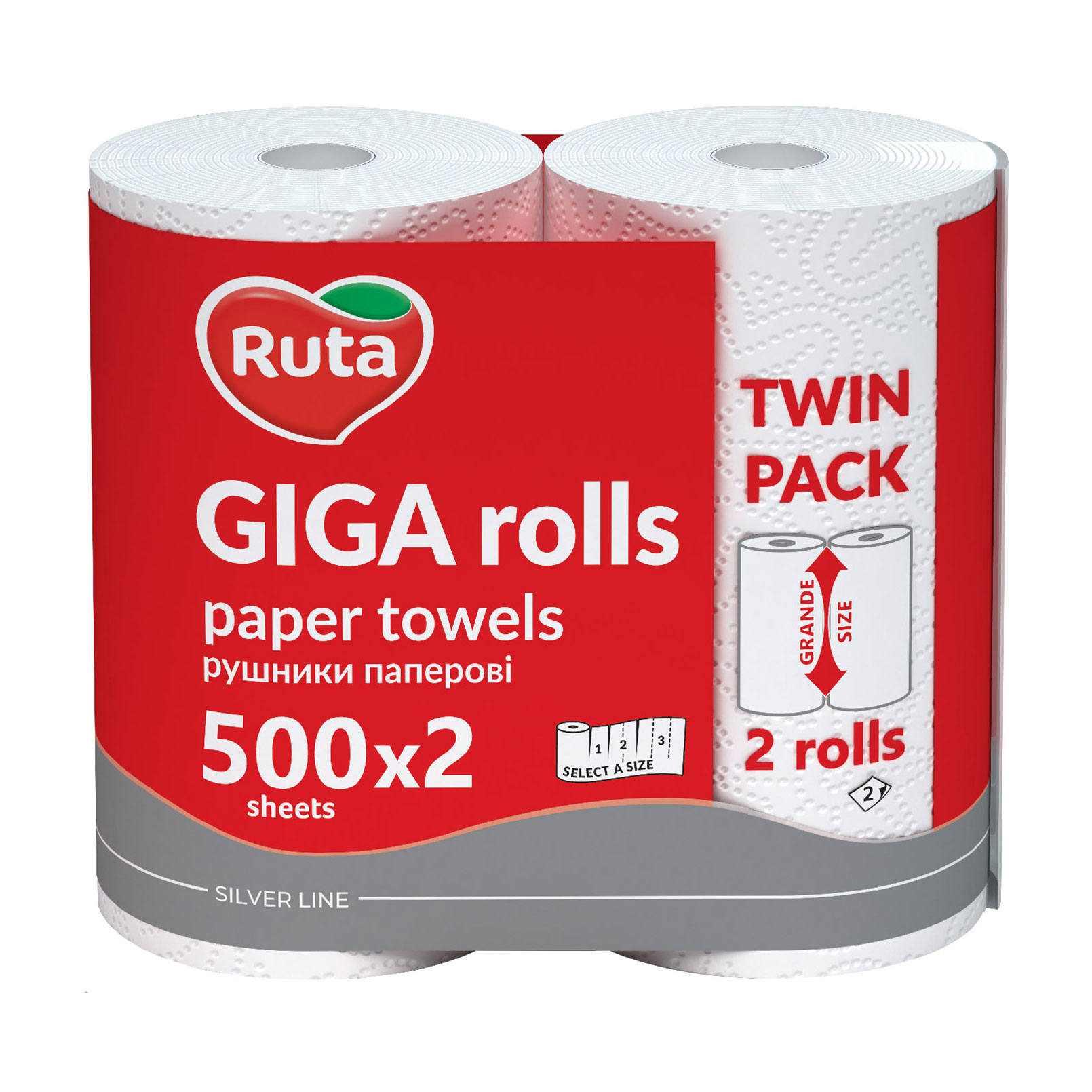 

Уцінка! Паперові рушники Ruta Giga Rolls, 2-шарові, 500*2 відривів, 2 шт