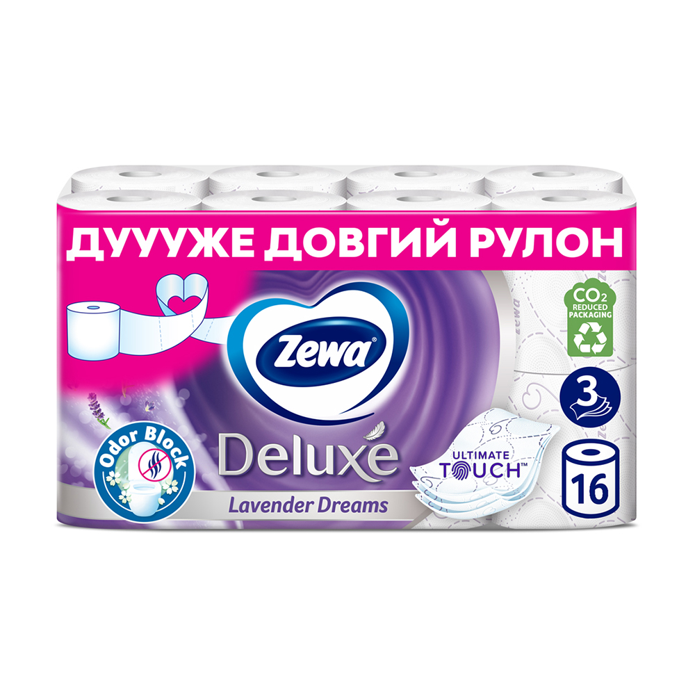 

Туалетний папір Zewa Deluxe Лаванда, 3-шаровий, 150 відривів, 16 рулонів