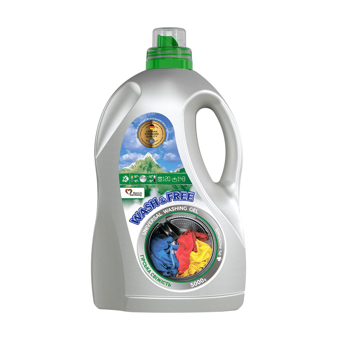 

Уцінка! Універсальний гель для прання Wash and Free Universal Washing Gel Гірська свіжість, 120-143 циклів прання, 5 кг