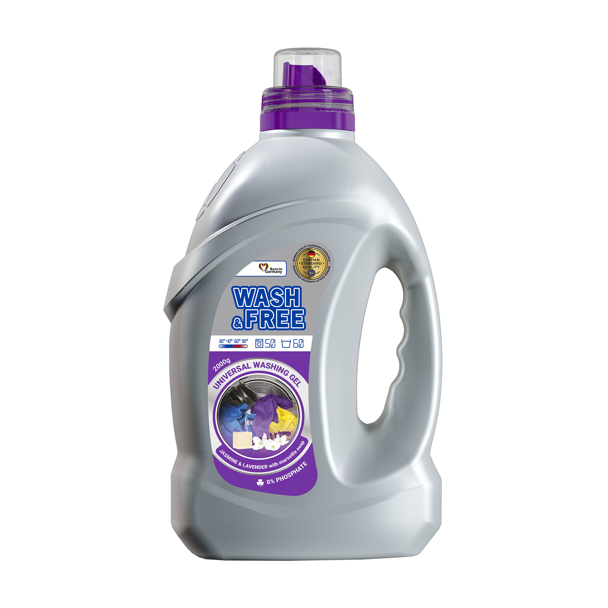 

Уцінка! Гель для прання Wash and Free універсальний, з марсельським милом, аромат жасмина та лаванди, 50 циклів прання, 2 кг