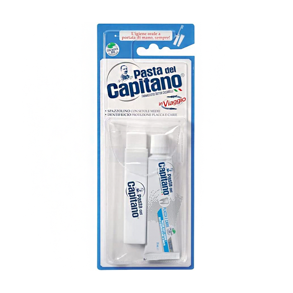 

Набір для ротової прожнини Pasta del Capitano Teeth Travel Kit (паста Plaque & Cavities, 25 мл + щітка, 1 шт)
