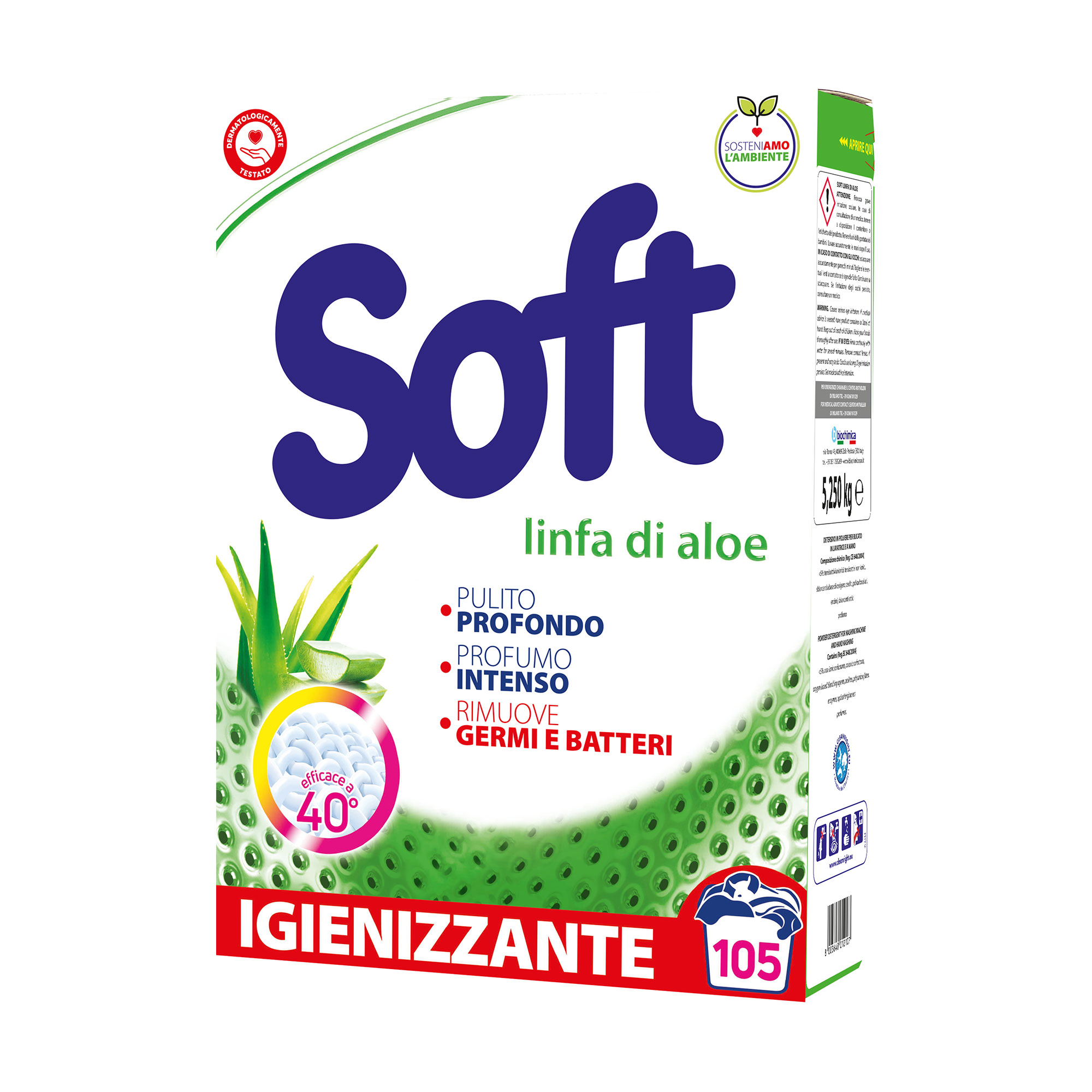 

Уцінка! Універсальний пральний порошок Soft Linfa di Aloe з активним киснем, 105 циклів прання, 5.25 кг