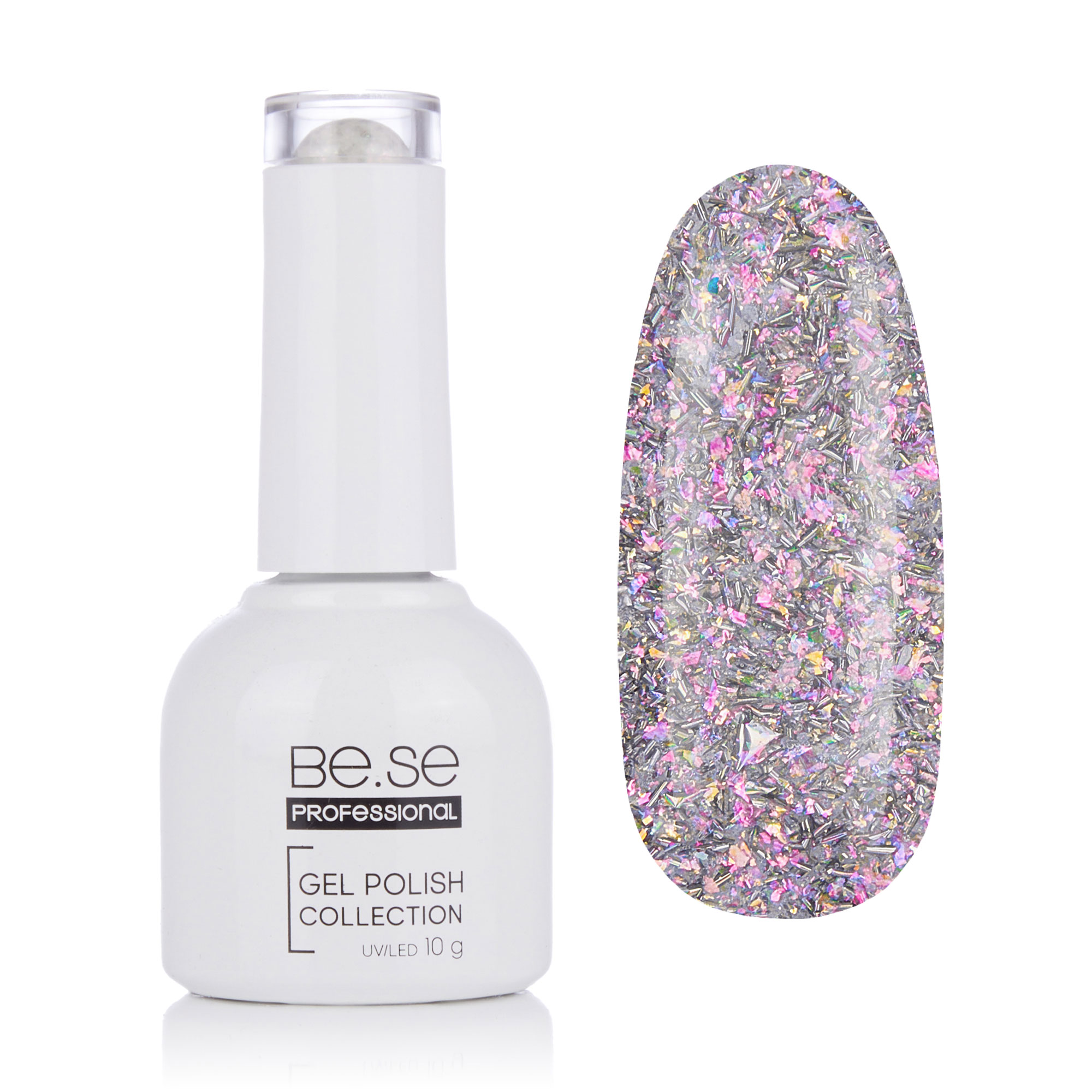 

Уцінка! Гель-лак для нігтів Be.Se Professional Gel Polish Collection Glitter 40 Срібна фольга з голографічними блискітками та рожевим відливом, 10 г