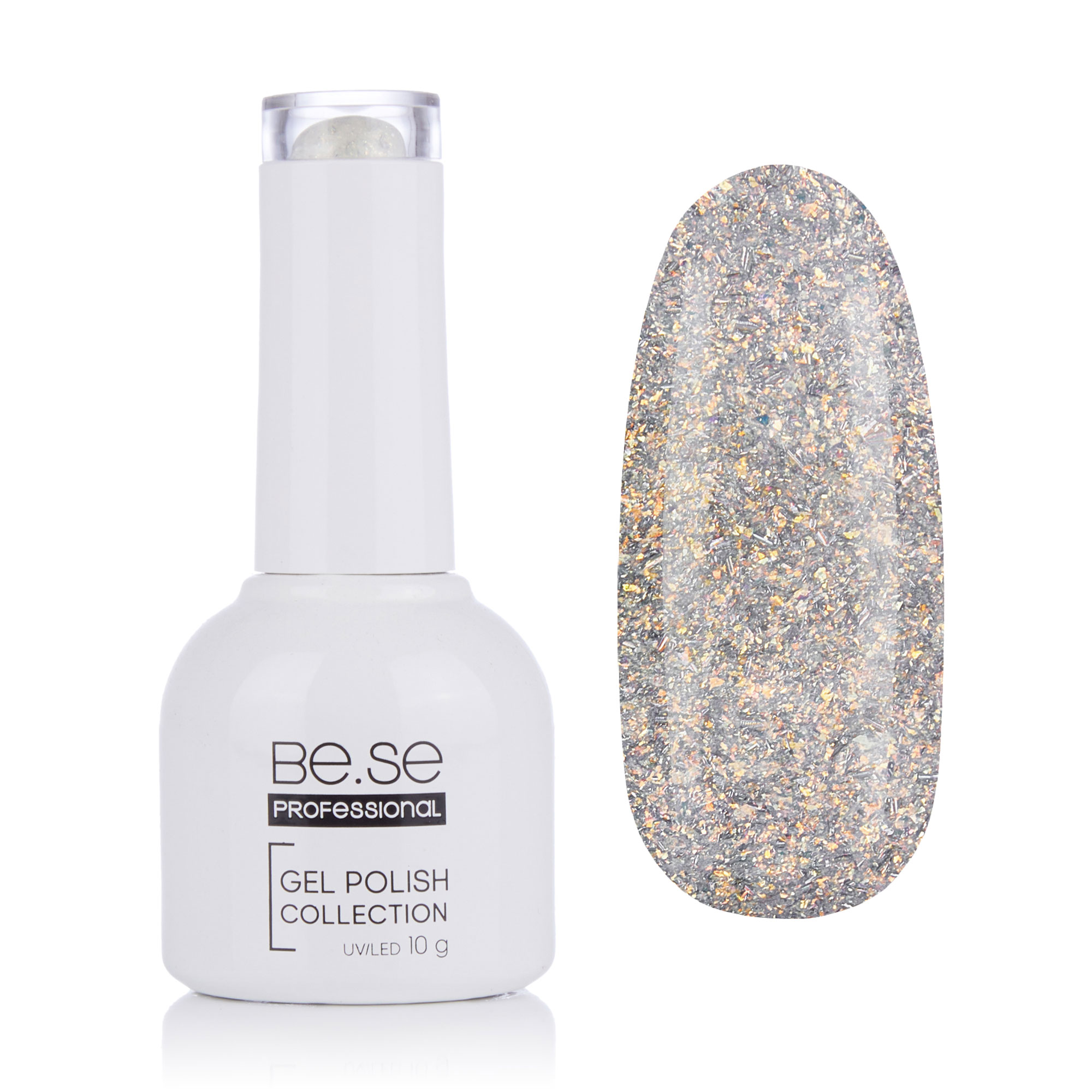 

Уцінка! Гель-лак для нігтів Be.Se Professional Gel Polish Collection Glitter 42 Срібна фольга з голографічними блискітками та золотим відливом 10 г