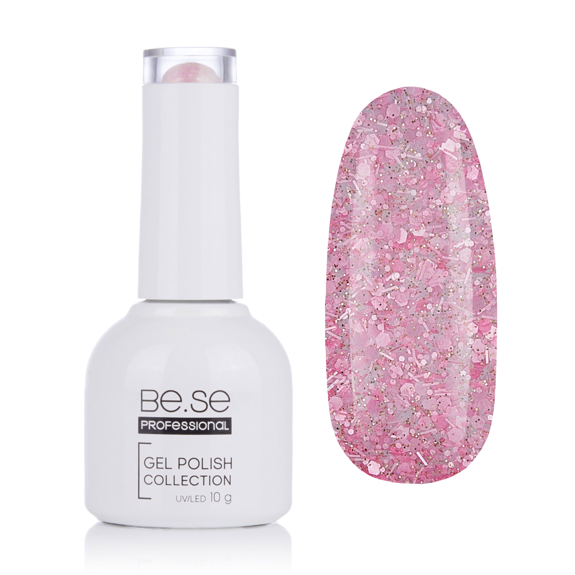

Уцінка! Гель-лак для нігтів Be.Se Professional Gel Polish Collection Glitter 47 Прозорий, з рожевими шестигранниками, 10 г