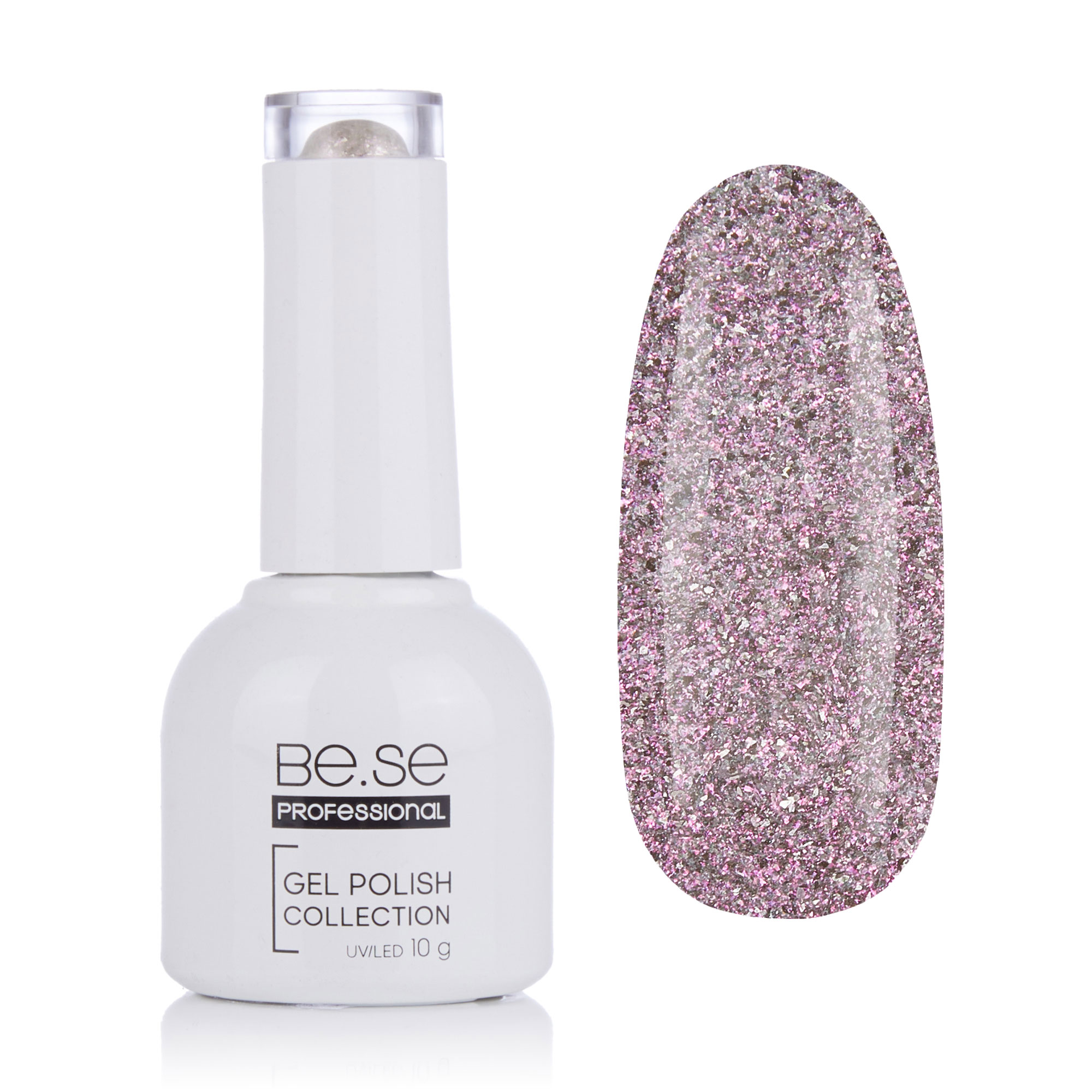 

Уцінка! Гель-лак для нігтів Be.Se Professional Gel Polish Collection Glitter 48 Прозорий, зі срібним голографічним глітером і рожевим відливом, 10 г