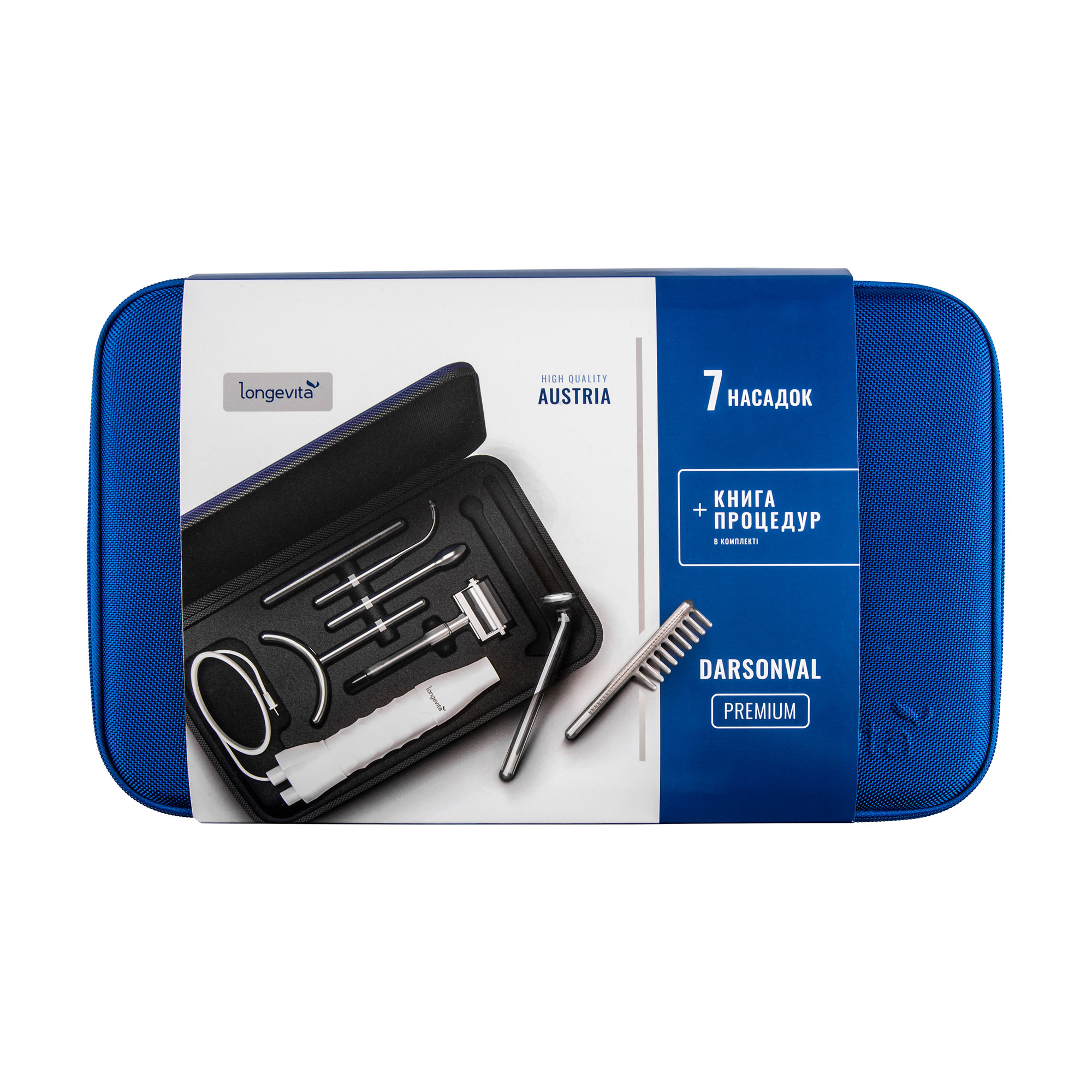 

Дарсонваль для обличчя, волосся та тіла Longevita Premium Darsonval (апарат, 1 шт + насадки, 7 шт + книга краси, 1 шт)