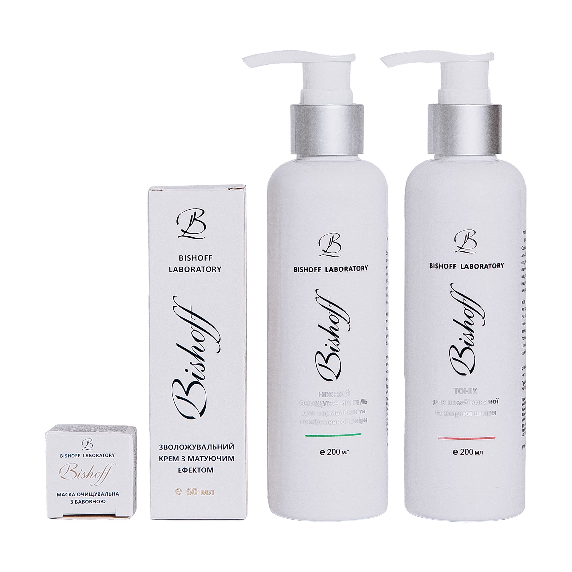 

Базовий догляд Bishoff для комбінованої шкіри обличчя (гель, 200 мл + тонік, 200 мл + крем, 60 мл + маска, 2.5 мл)