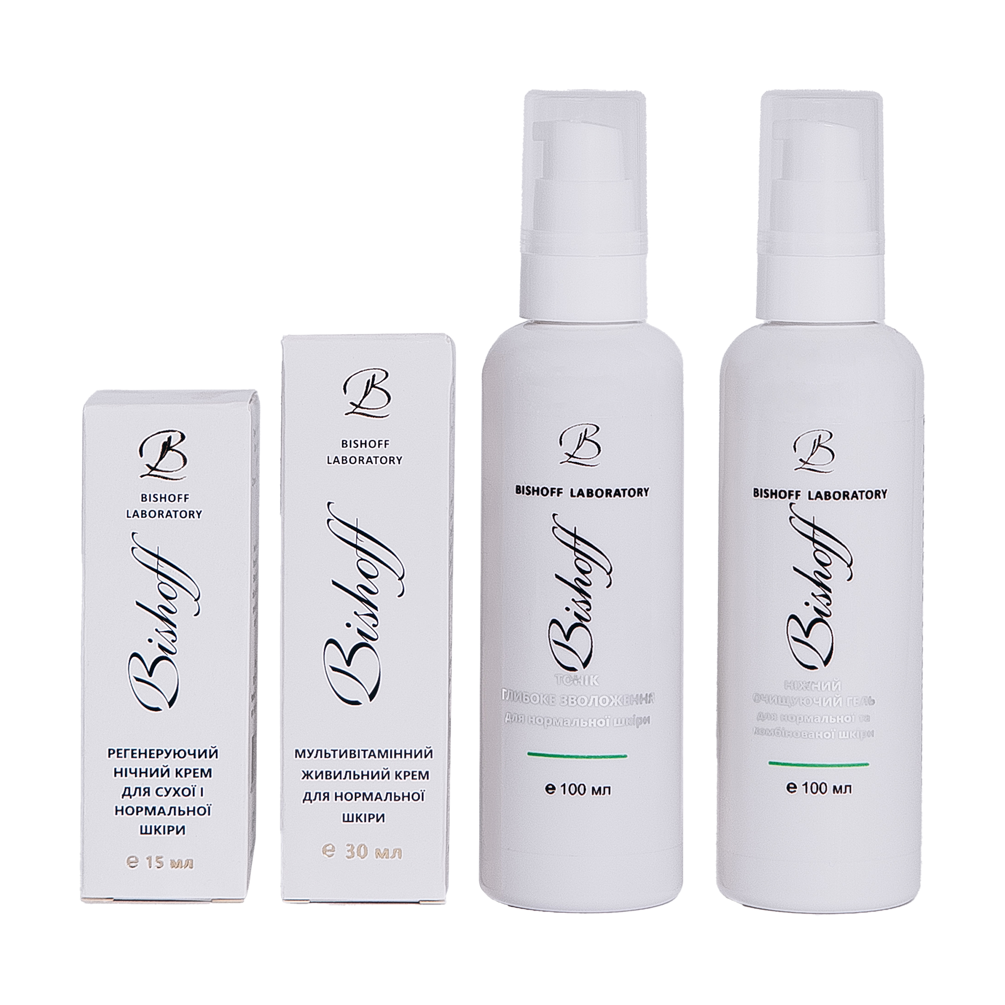 

Щоденний догляд Bishoff для нормальної шкіри обличчя (гель, 100 мл + тонік, 100 мл + крем, 30 мл + крем, 15 мл)