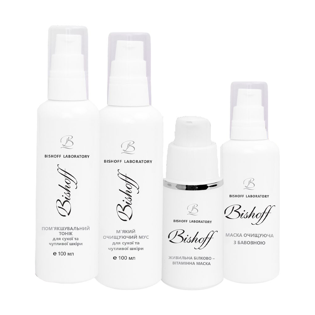 

Комплексний догляд Bishoff для сухої шкіри обличчя (мус, 100 мл + тонік, 100 мл + маска, 30 мл + маска, 15 мл)
