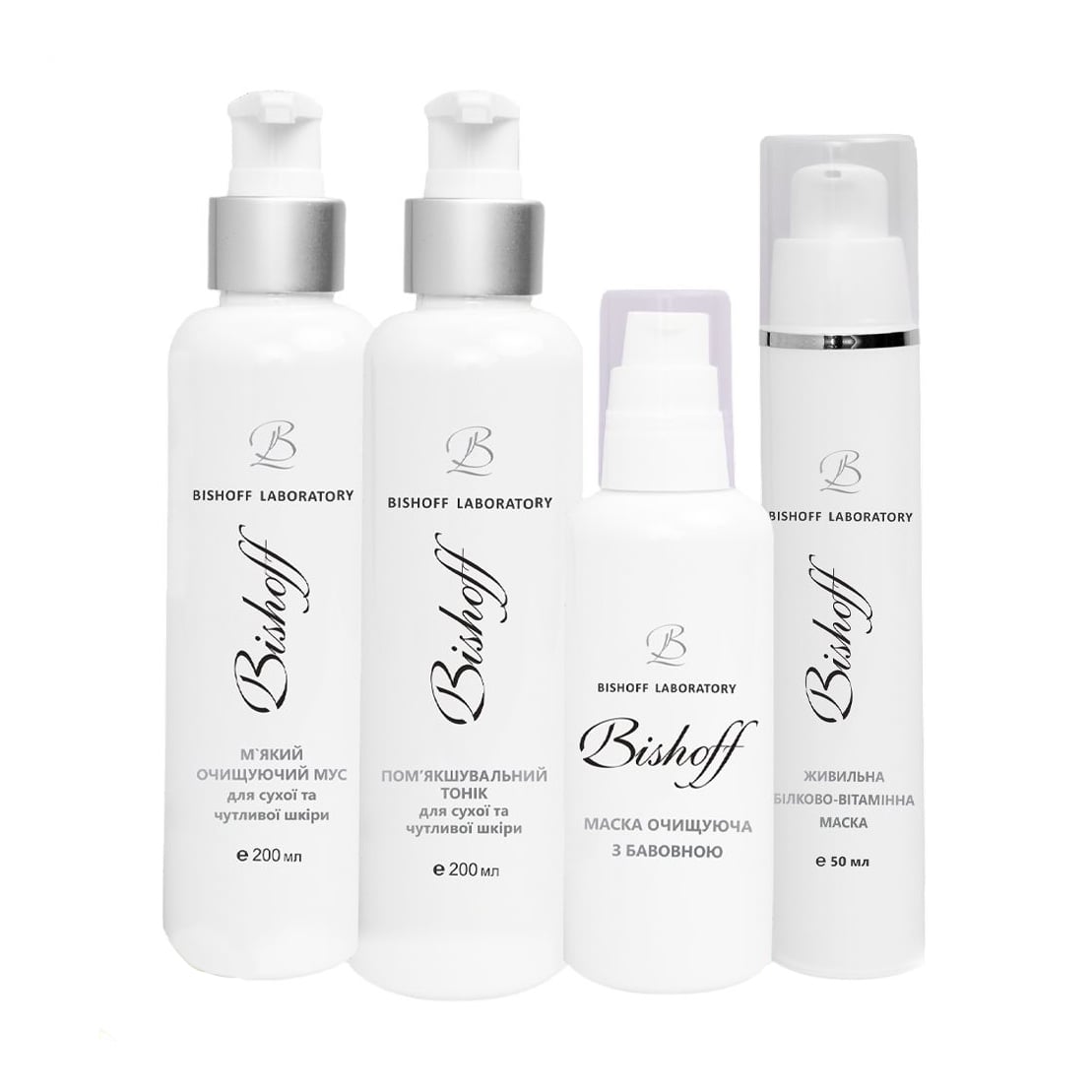 

Комплексний догляд Bishoff для сухої шкіри обличчя (мус, 200 мл + тонік, 200 мл + маска, 50 мл + маска, 60 мл)