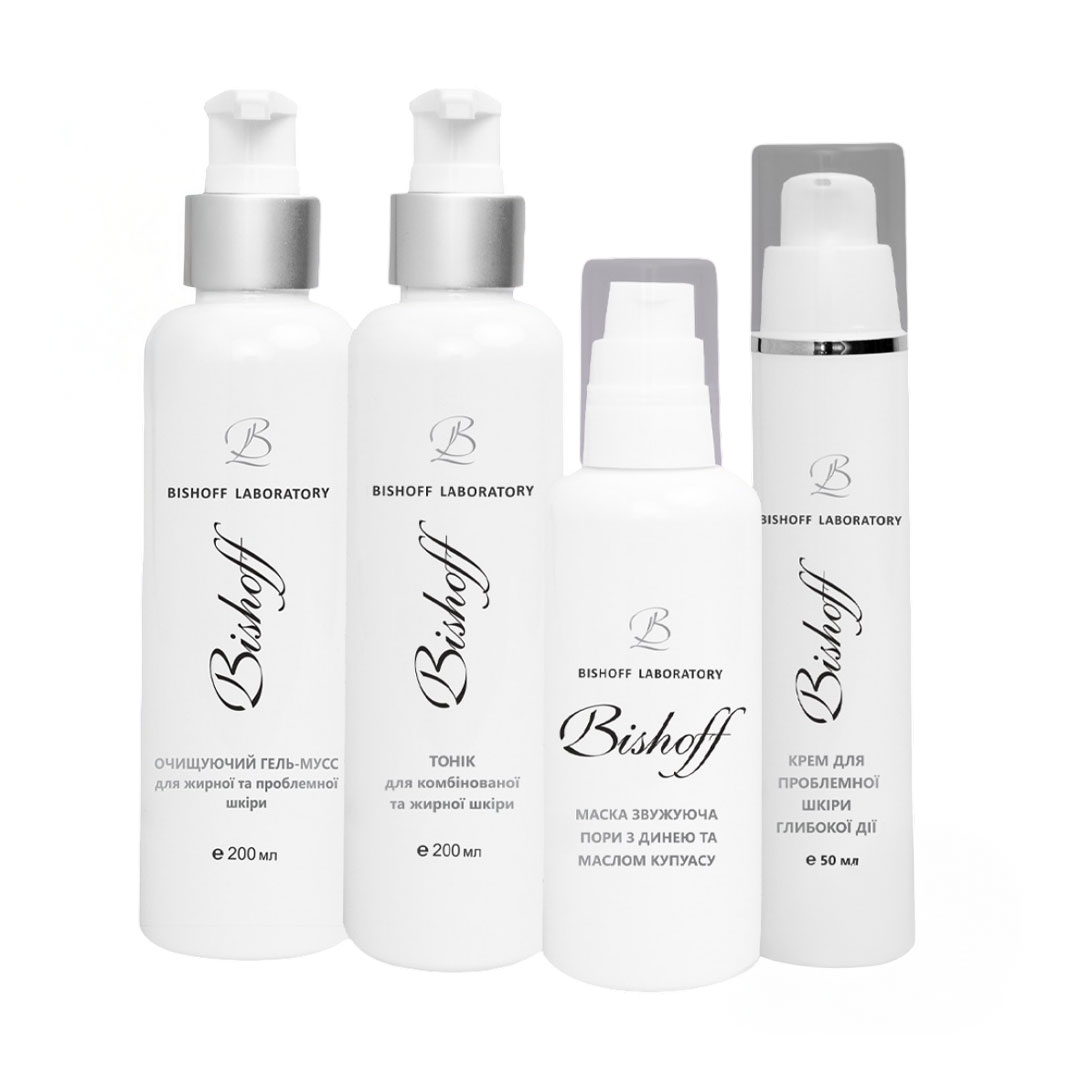 

Комплексний догляд Bishoff для жирної шкіри обличчя (гель-мус, 200 мл + тонік, 200 мл + маска, 60 мл + крем, 50 мл)