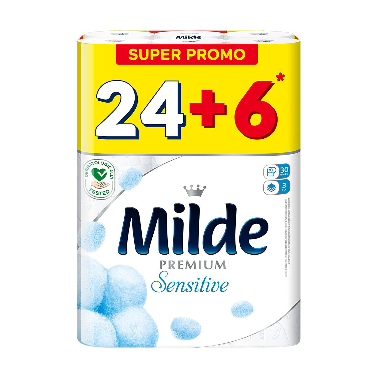

Уцінка! Туалетний папір Milde Premium Sensitive білий, 3-шаровий, 150 відривів, 30 рулонів
