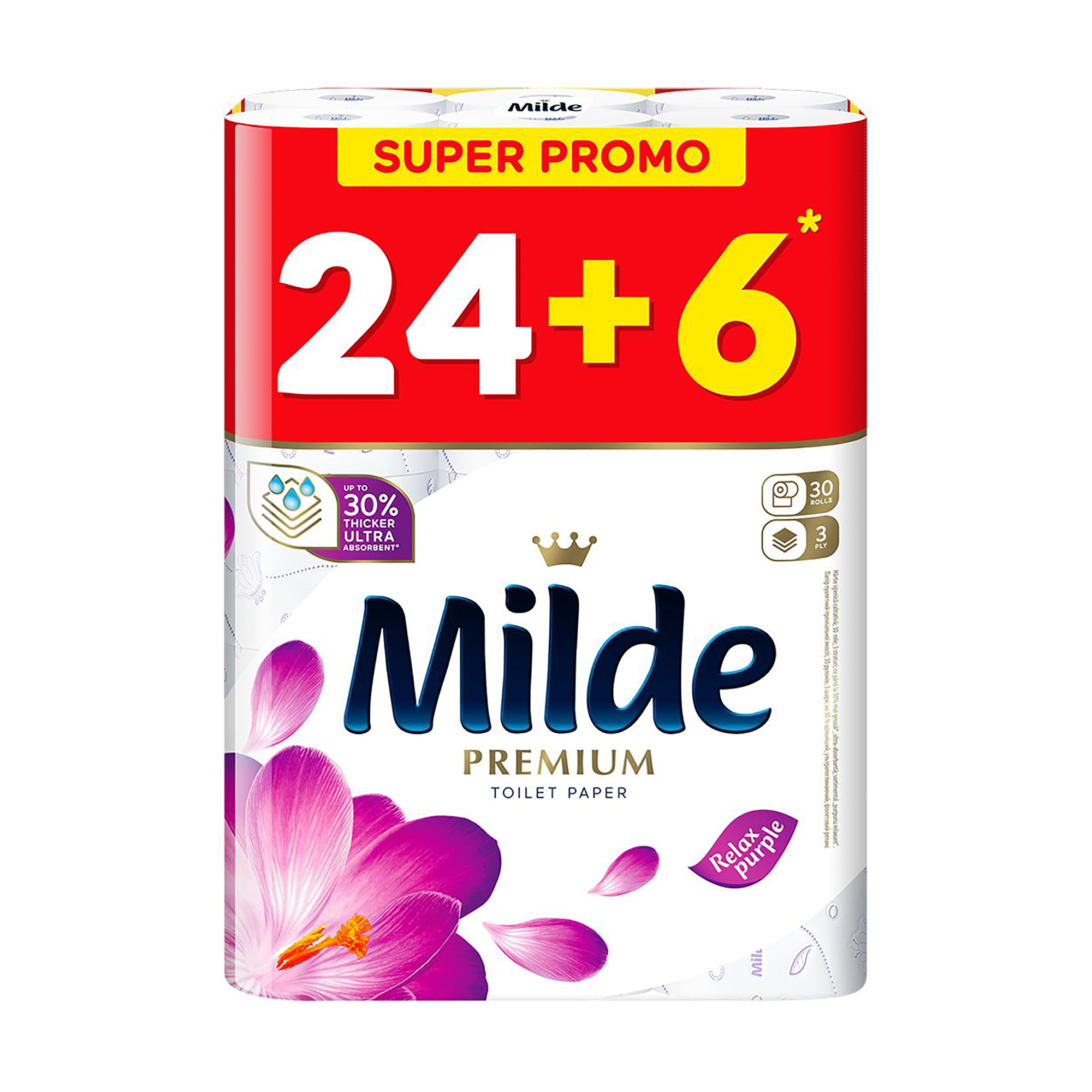 

Туалетний папір Milde Premium Relax Purple білий, 3-шаровий, 150 відривів, 30 рулонів