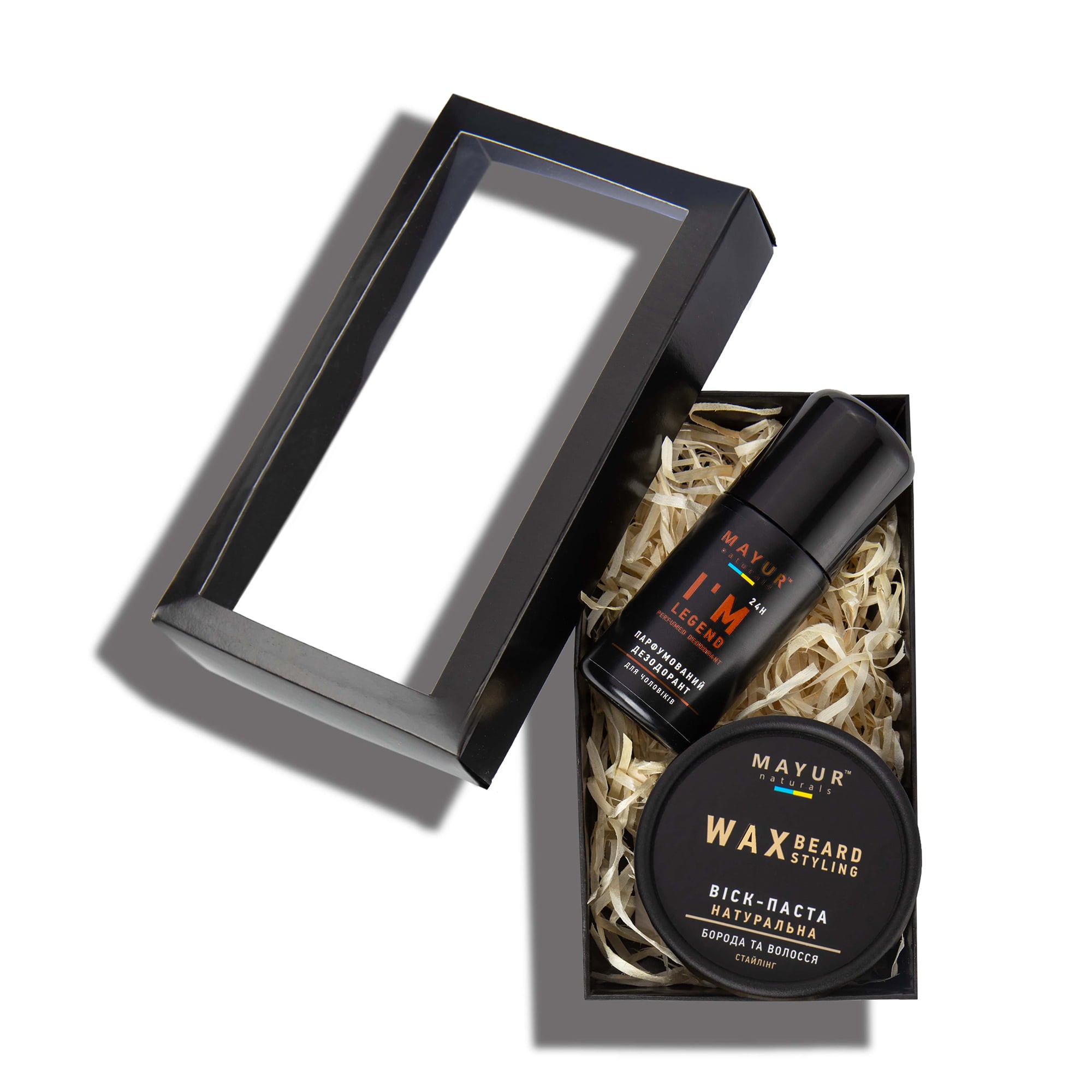 

Чоловічий подарунковий набір Mayur Man (віск-паста для стайлінгу бороди та волосся, 50 мл + дезодорант I'm a legend, 50 мл)