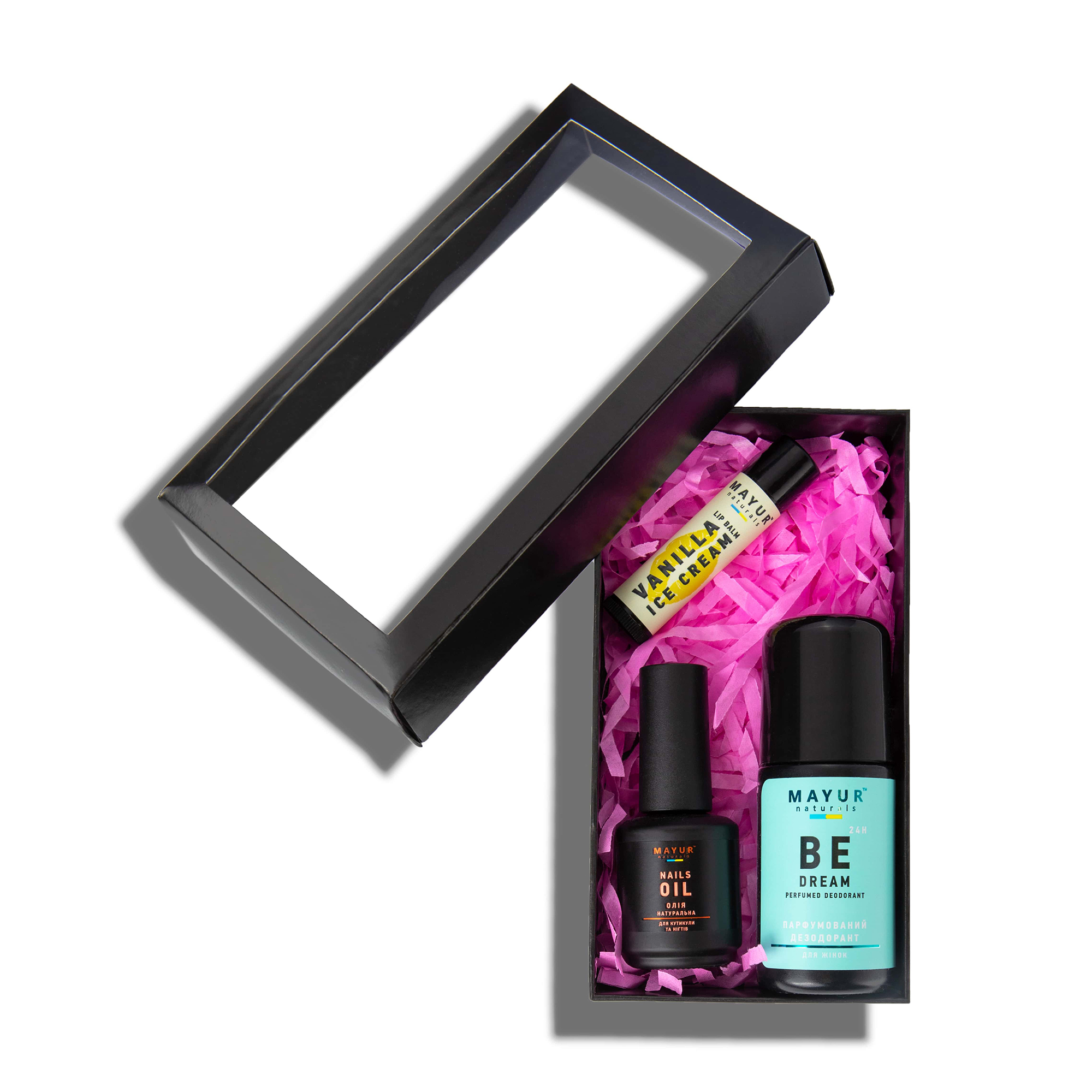 

Набір для догляду за тілом, нігтями та губами Mayur Be Dream (парфумований дезодорант, 50 мл + олія для кутикули, 15 мл + бальзам для губ, 5 г)