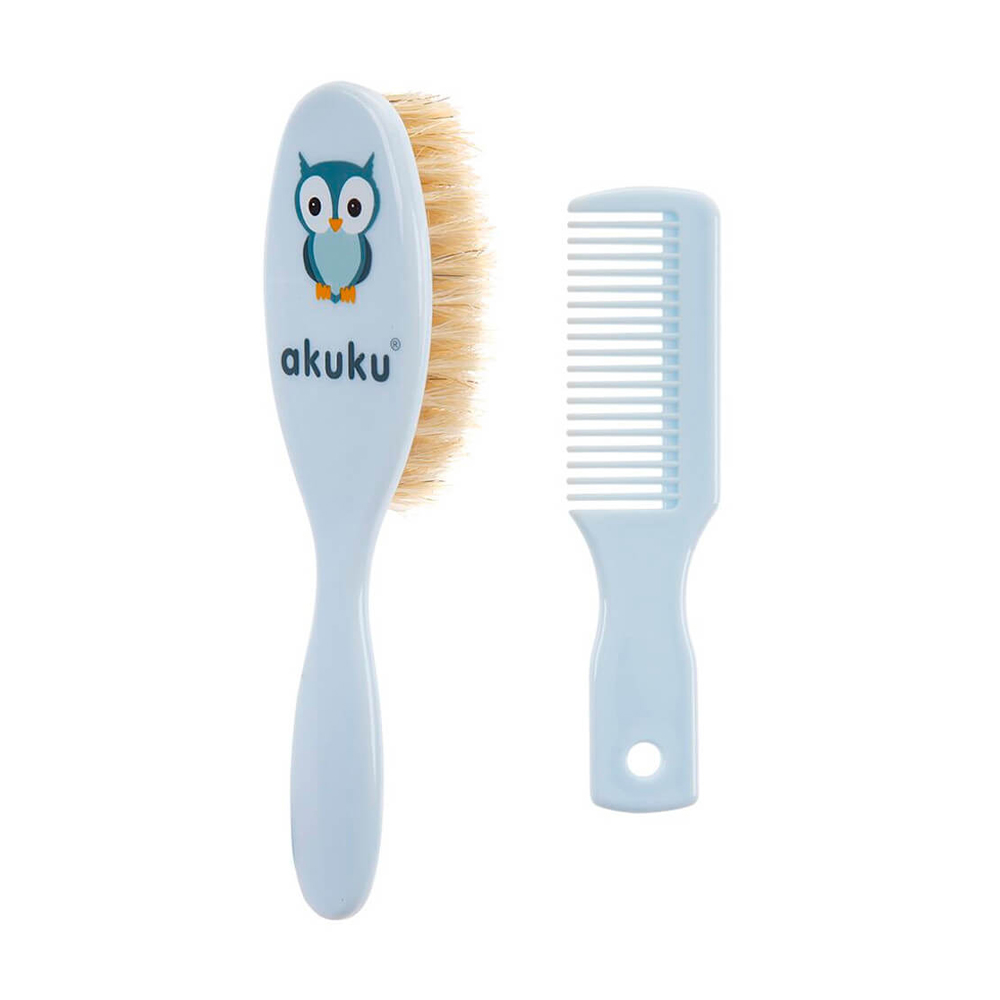 

Дитячий набір для розчісування волосся Akuku Сова, блакитний, від народження (гребінець, 1 шт + щітка, 1 шт) (A0457)