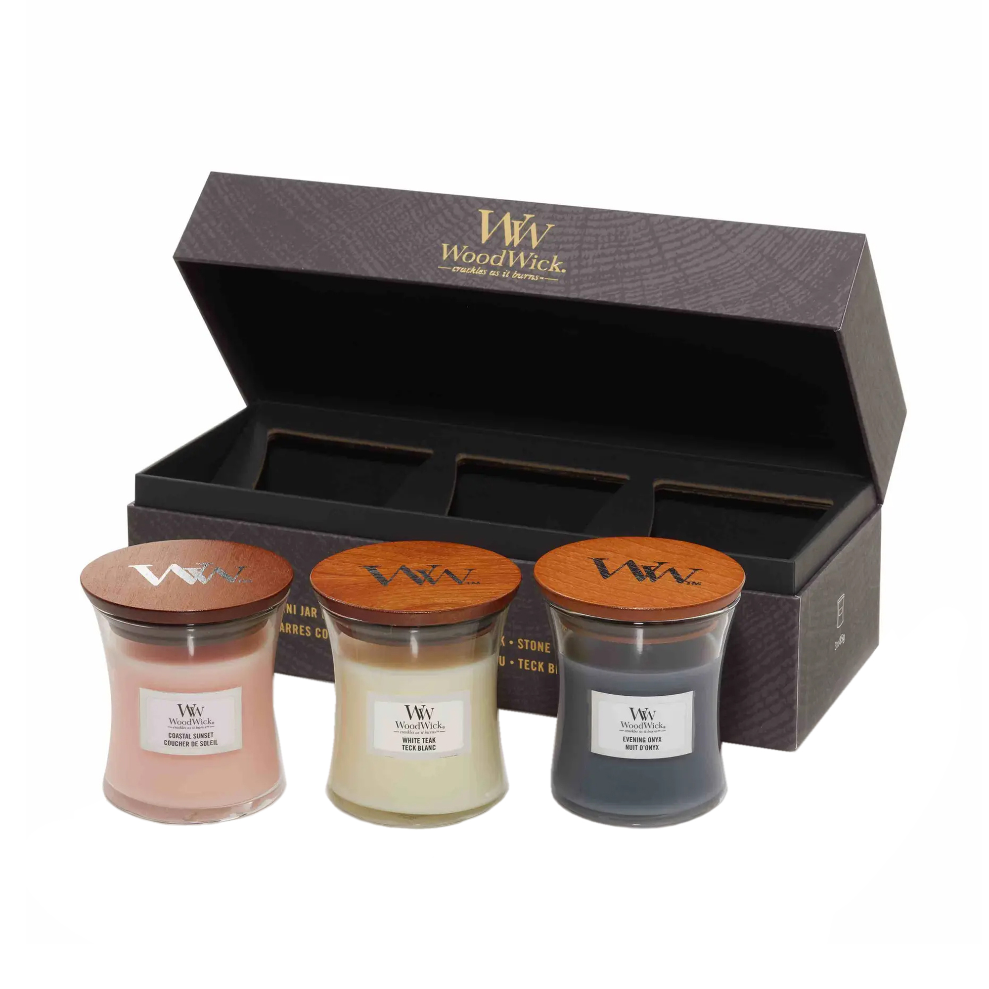 

Набір ароматичних свічок WoodWick Mini (Coastal Sunset, 1 шт + Evening Onyx, 1 шт + Solar Ylang, 1 шт)