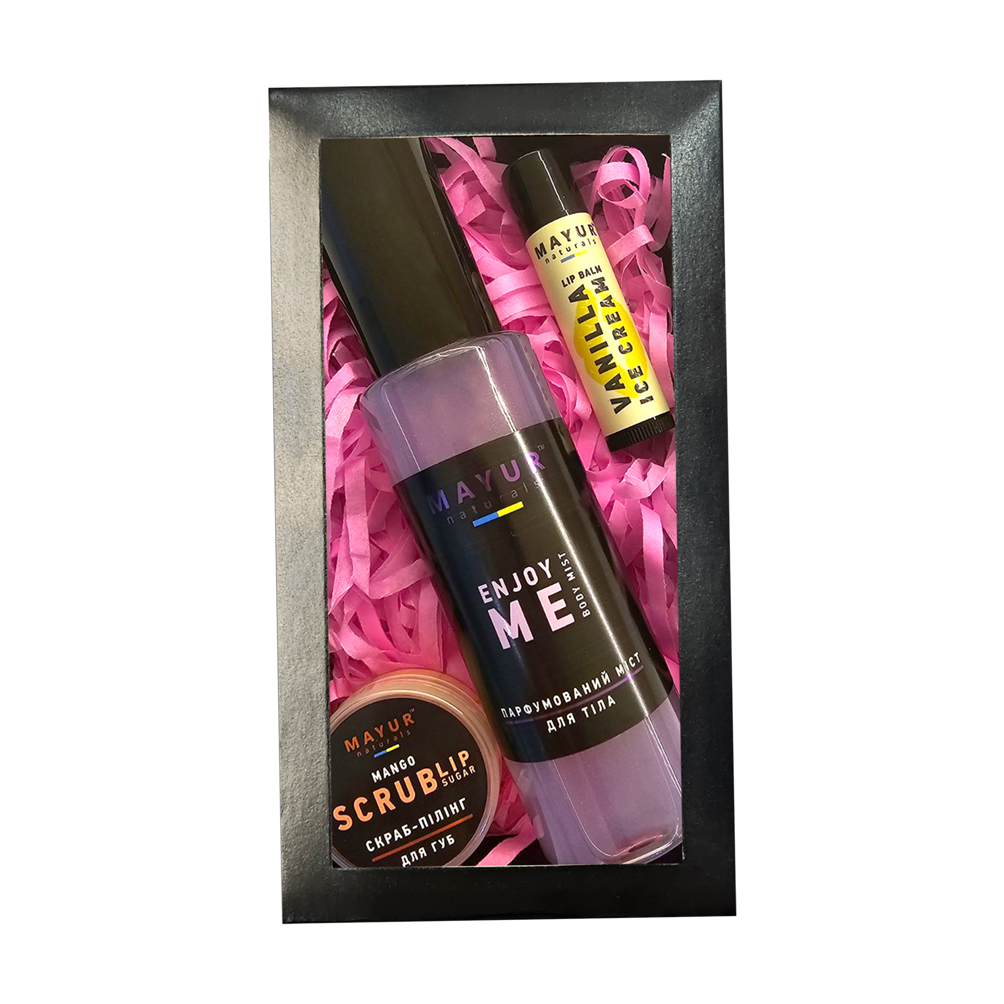 

Уцінка! Набір для тіла та обличчя Mayur Насолода, манго та ваніль (міст для тіла, 100 мл + бальзам для губ, 5 г + скраб для губ, 15 г)
