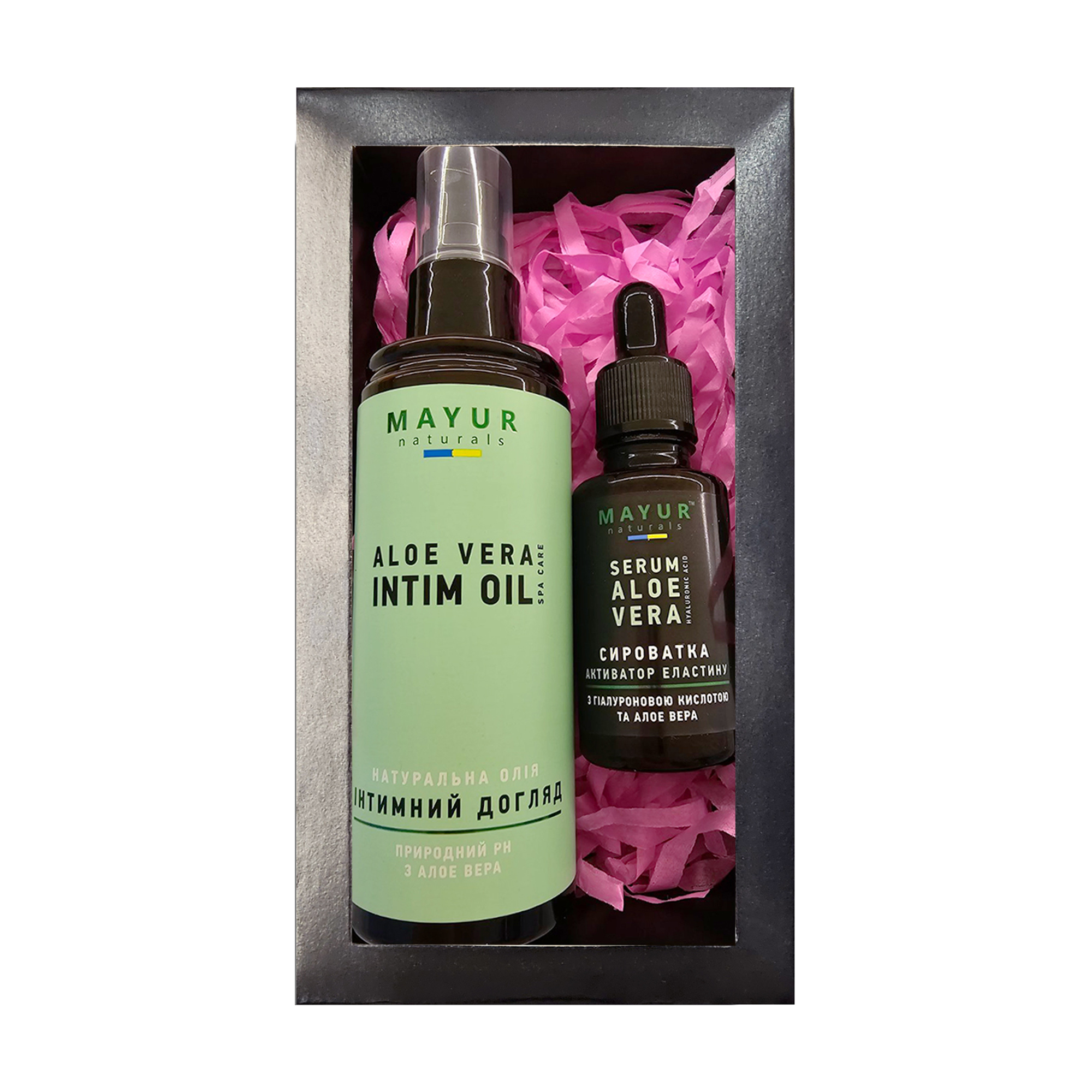 

Набір для тіла та обличчя Mayur Догляд з алое вера (сироватка для обличчя, 30 мл + олія для інтимної гігієни, 120 мл)